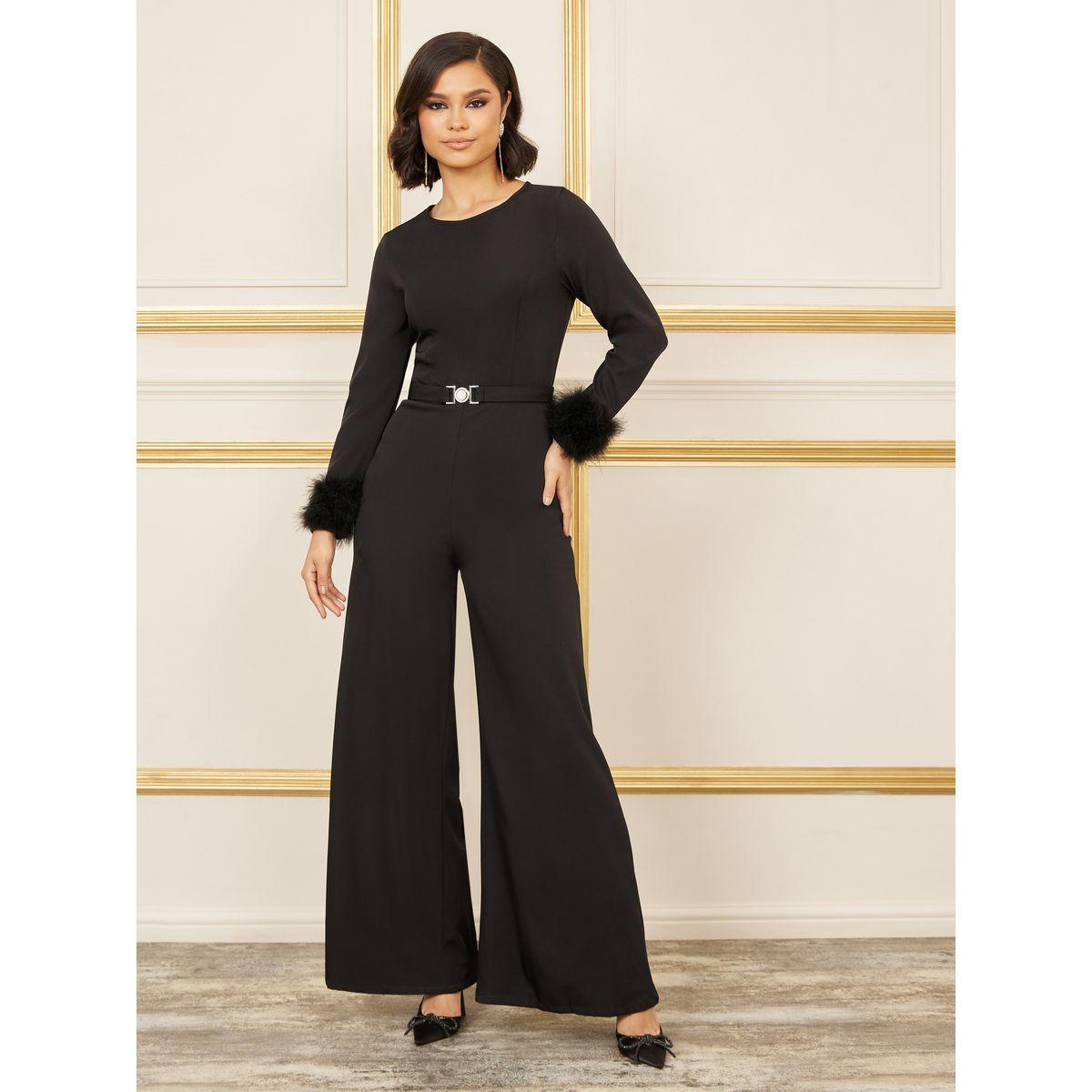 Styli Faux Fur Trim Wide Leg Jumpsuit with Embellished Belt-women-clothing-jumpsuits-image-1