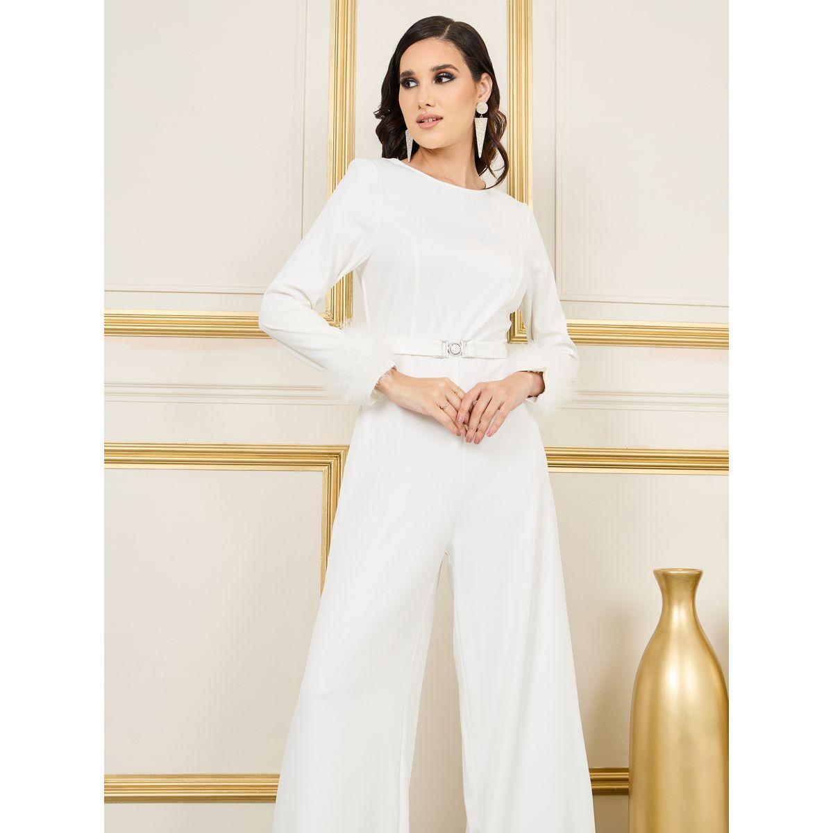 Styli Faux Fur Trim Wide Leg Jumpsuit with Embellished Belt-women-clothing-jumpsuits-image-2