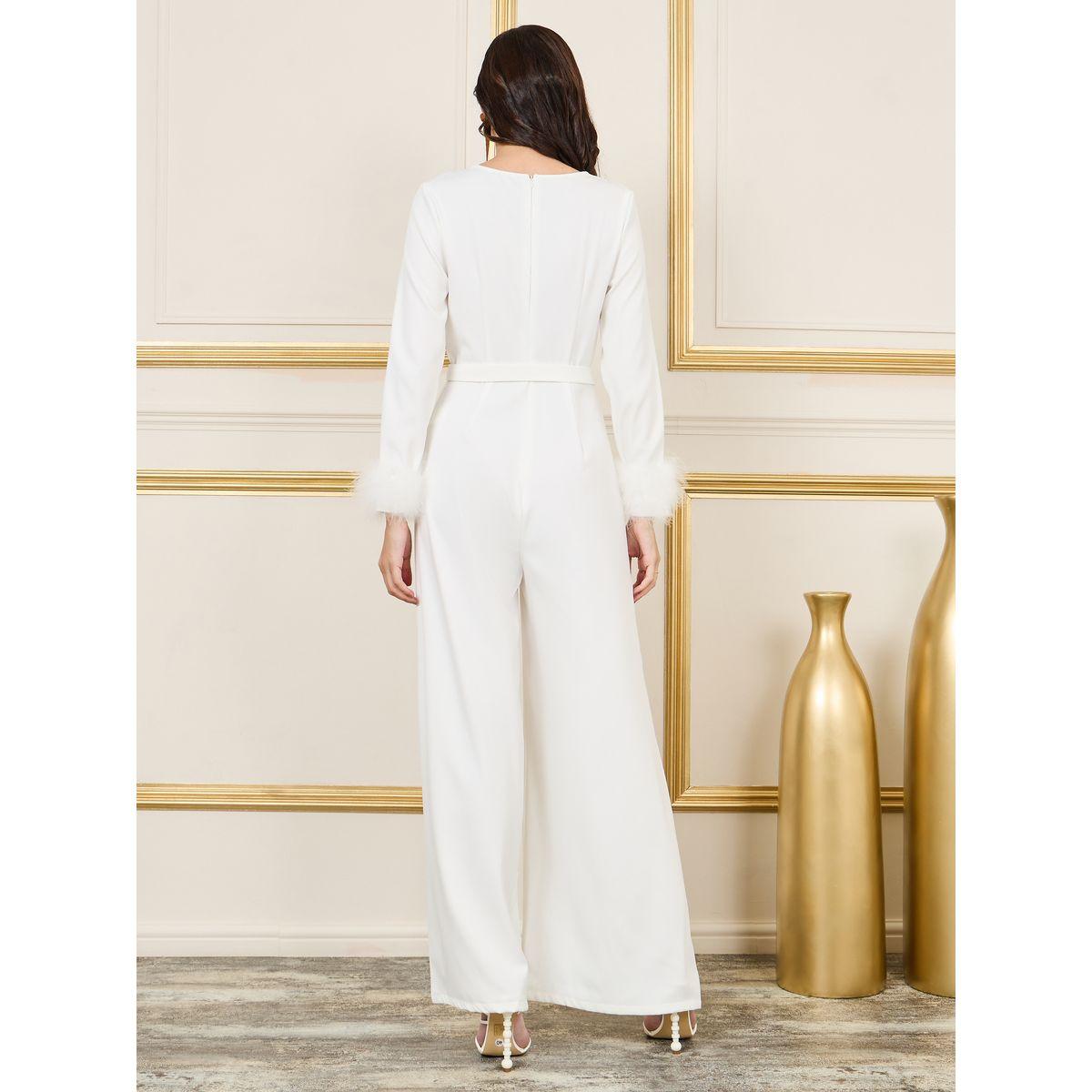Styli Faux Fur Trim Wide Leg Jumpsuit with Embellished Belt-women-clothing-jumpsuits-image-4