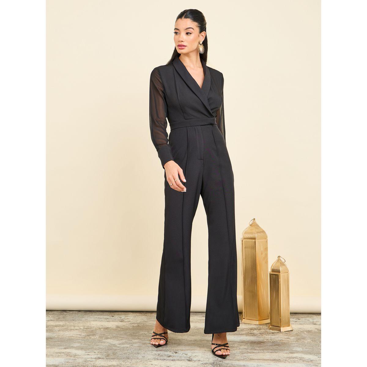 Styli Chiffon Sleeves Pintuck Collared Wide Leg Tailored Jumpsuit-women-clothing-jumpsuits-image-1