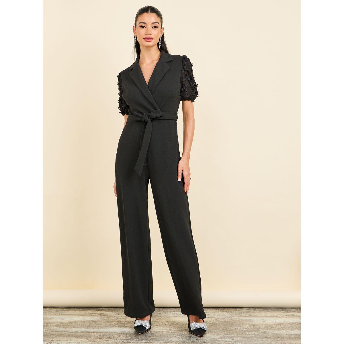 Styli Floral Applique Sleeves Notch Neck Wide Leg Tailored Jumpsuit-women-clothing-jumpsuits-image-1