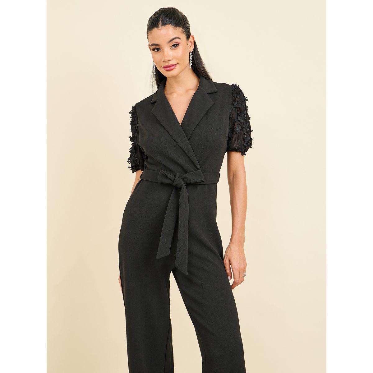 Styli Floral Applique Sleeves Notch Neck Wide Leg Tailored Jumpsuit-women-clothing-jumpsuits-image-2