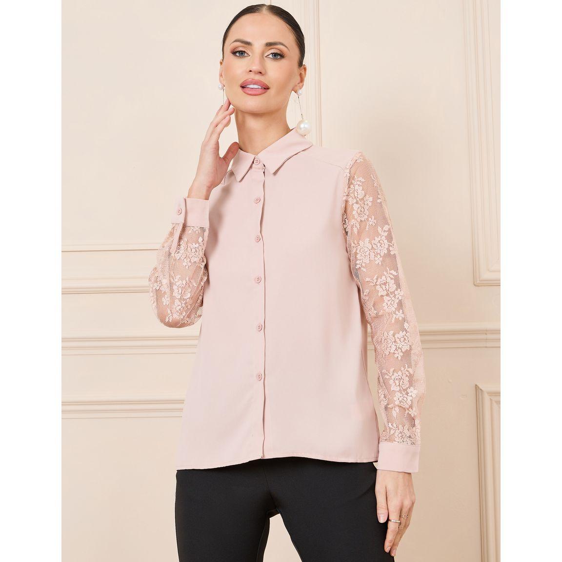 Styli Floral Mesh Sleeve Button Down Shirt-women-clothing-shirtsandblouses-shirts-image-2