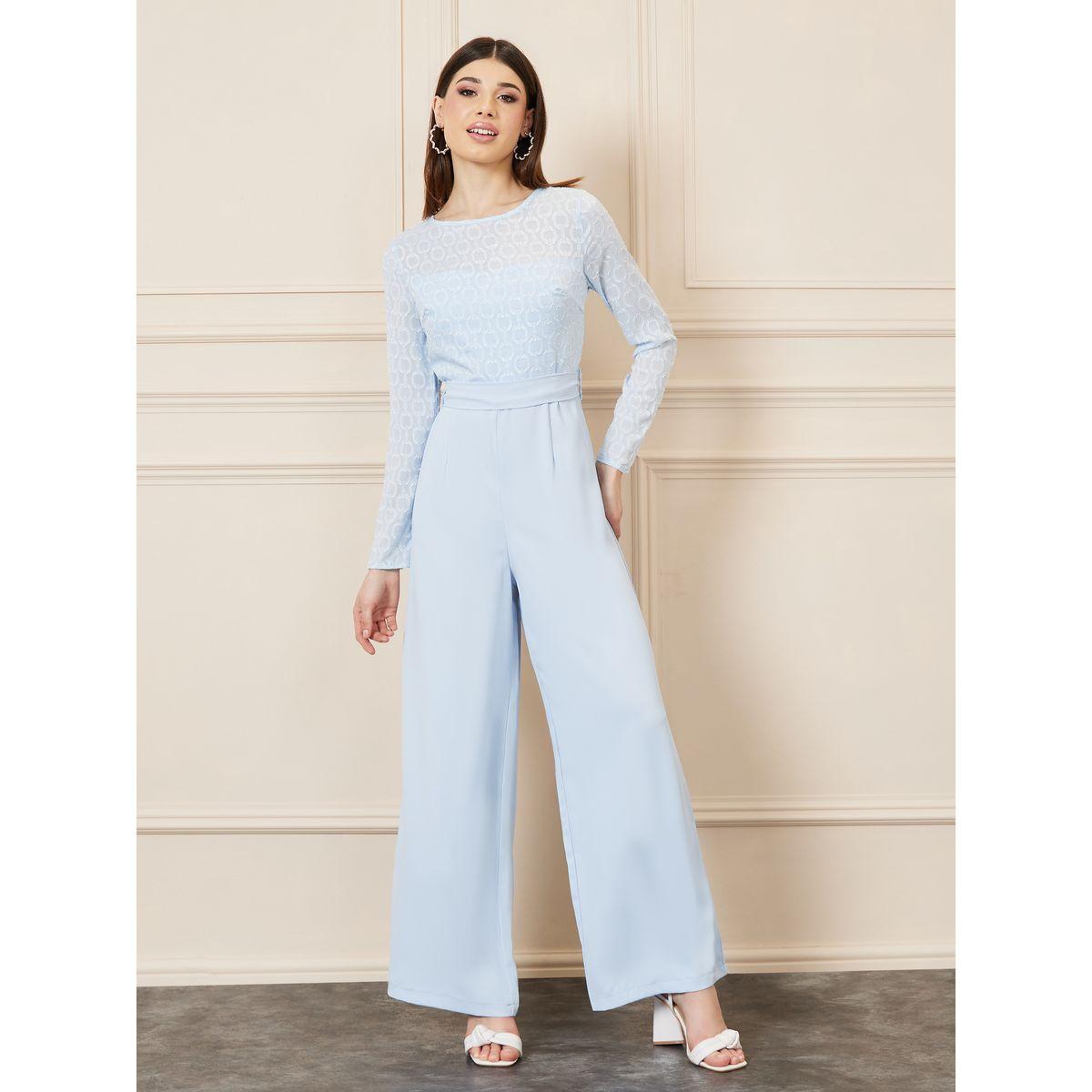جمبسوت بارجل واسعة وتفاصيل جاكار مع اربطة-women-clothing-jumpsuits-image-1