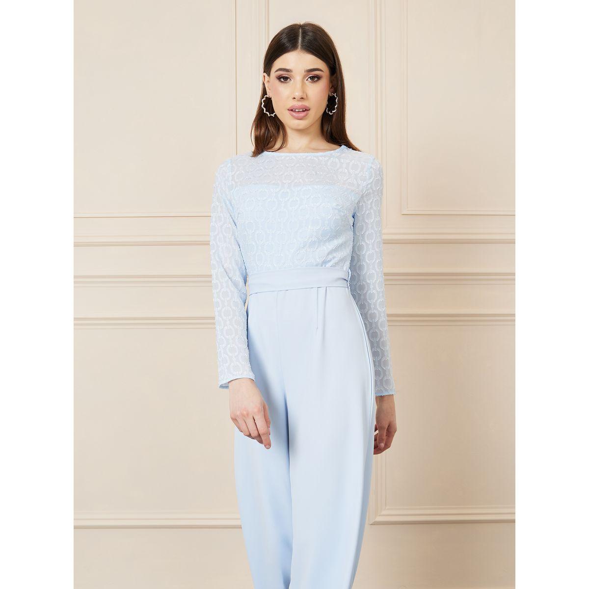 جمبسوت بارجل واسعة وتفاصيل جاكار مع اربطة-women-clothing-jumpsuits-image-2