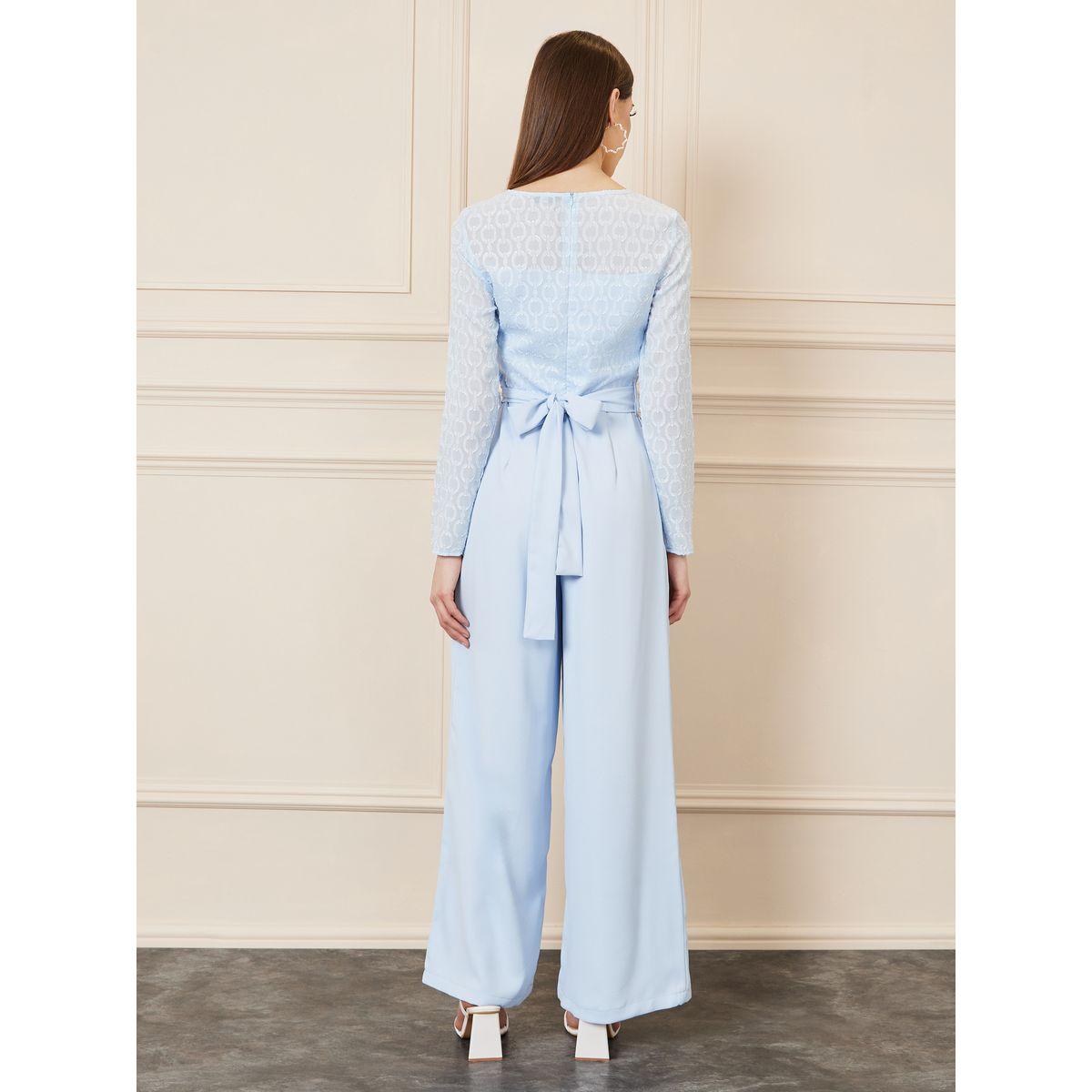 Styli Jacquard Texture Wide Leg Jumpsuit with Self Tie Up-women-clothing-jumpsuits-image-4