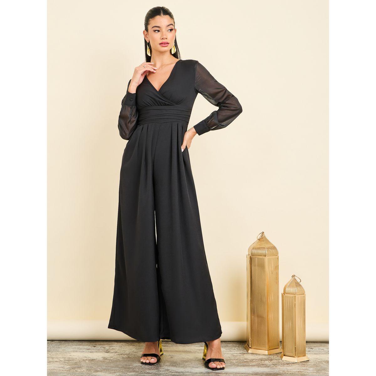 Styli Organza Sleeves Pleated Detail Wide Leg Tailored Jumpsuit-women-clothing-jumpsuits-image-1