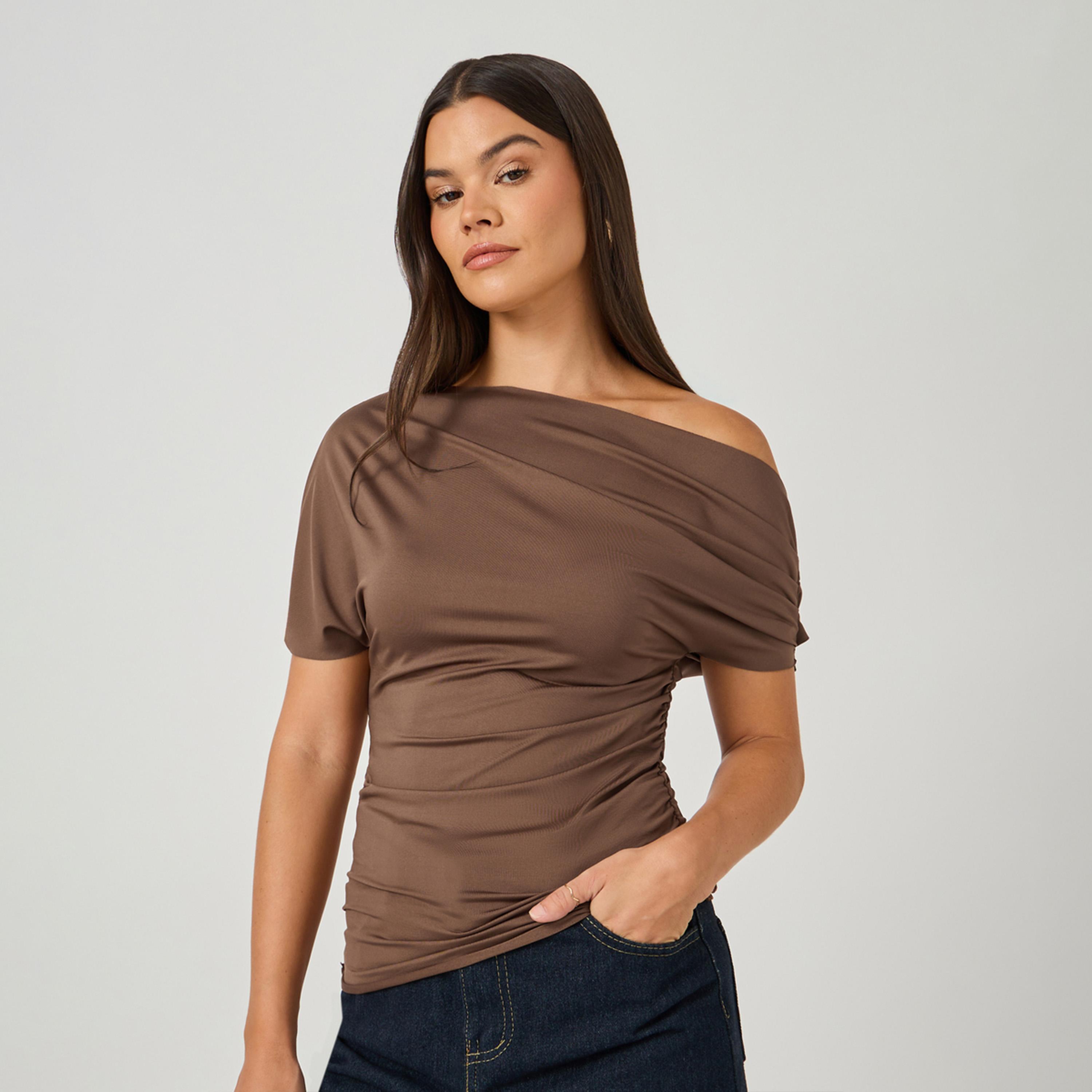 Styli Asymmetric Neck Short Sleeve Knit Top-women-clothing-tshirts-image-1