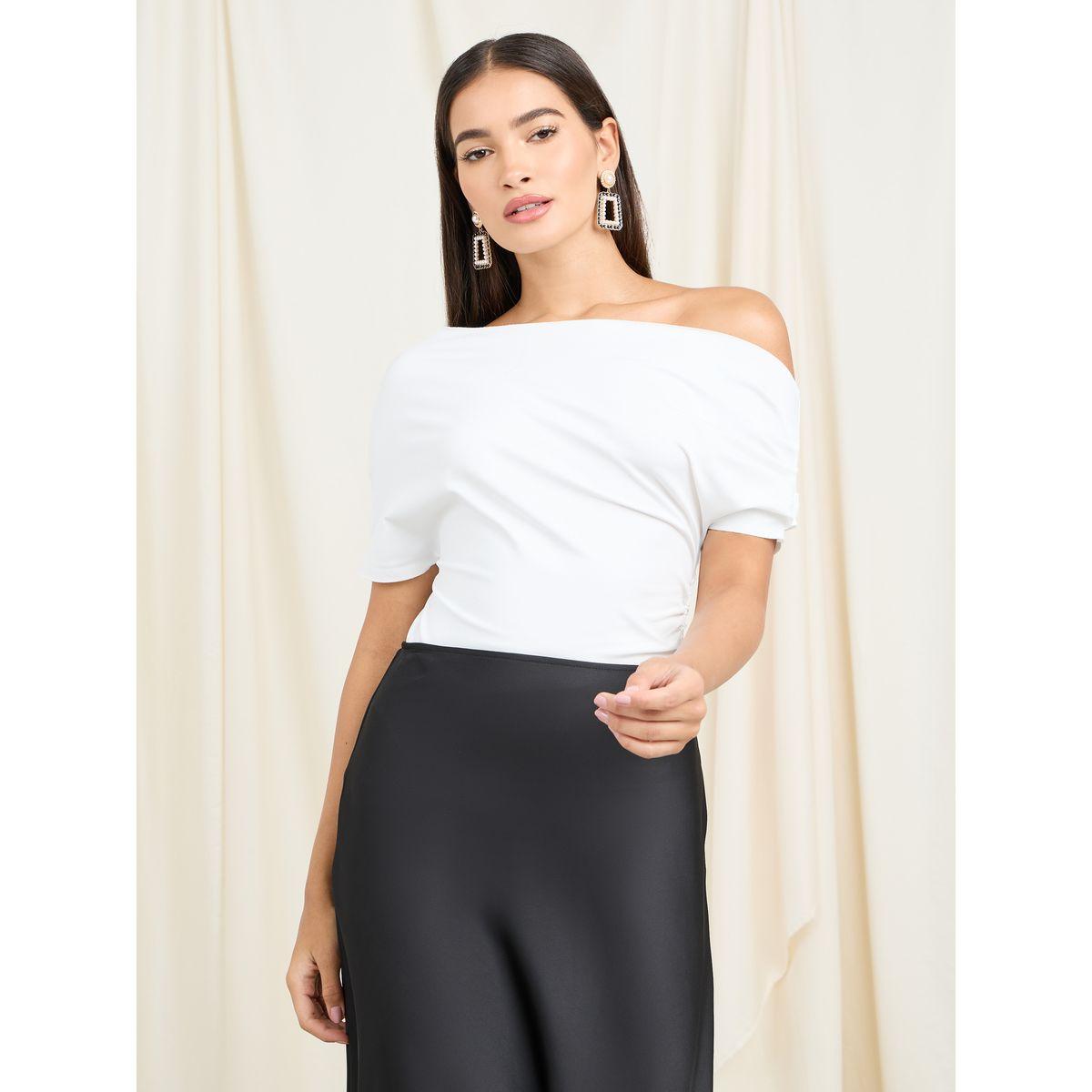 Styli Off Shoulder Asymmetric Neck Short Sleeve Knit Top-women-clothing-tshirts-image-1