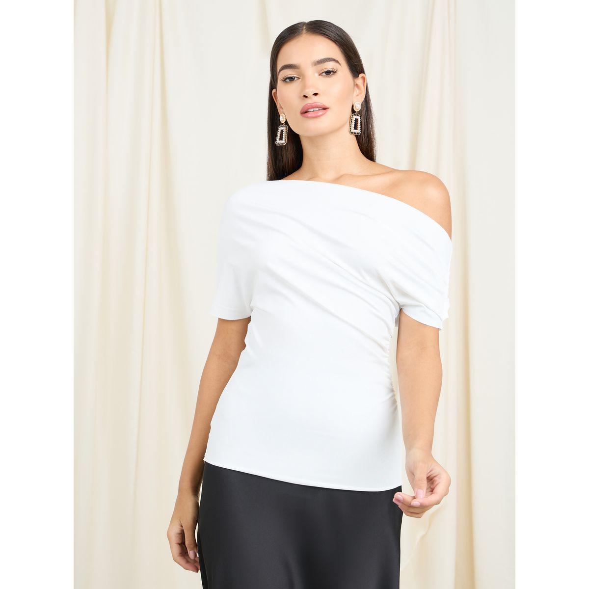 Styli Off Shoulder Asymmetric Neck Short Sleeve Knit Top-women-clothing-tshirts-image-2