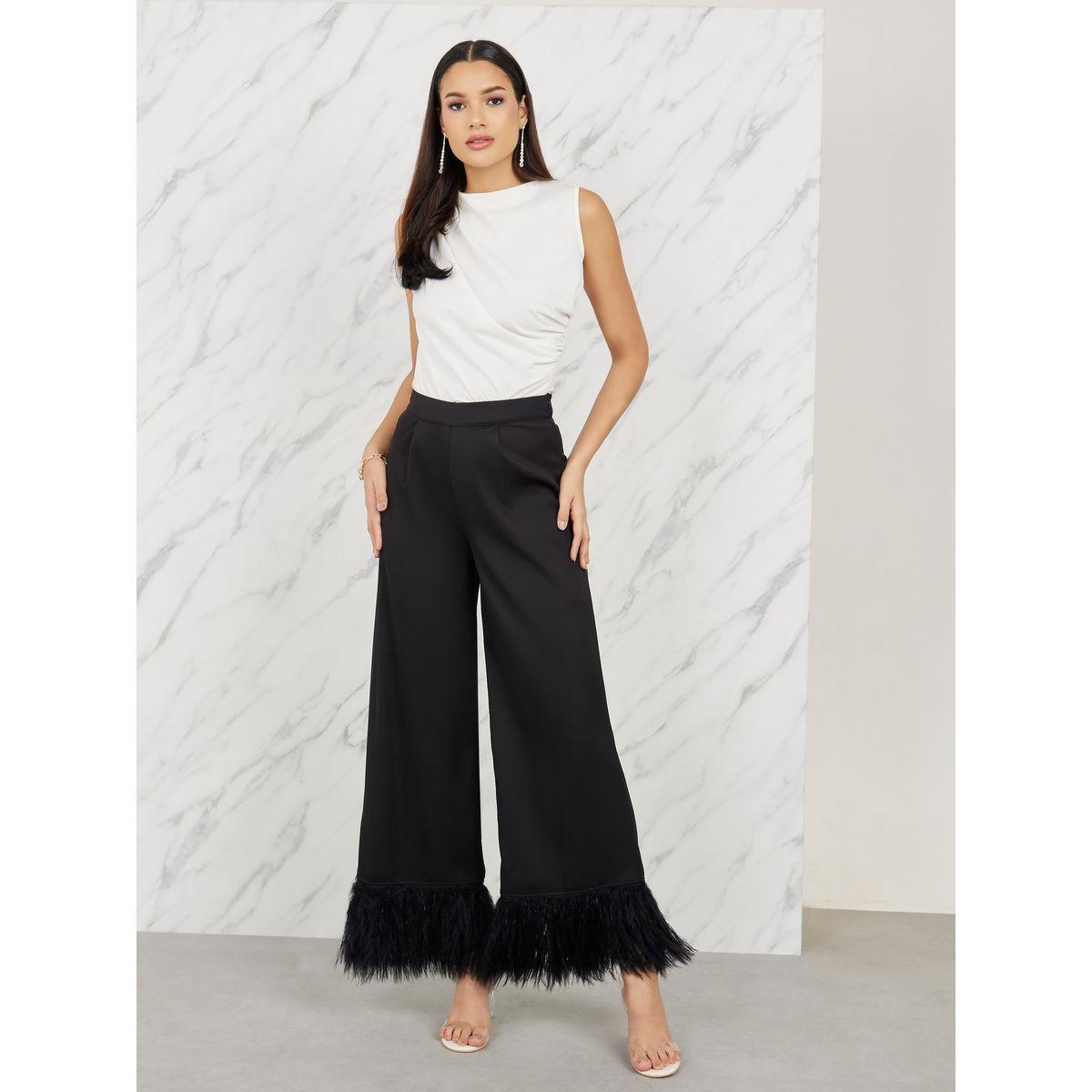 بنطال بارجل مستقيمة وريش صناعي-women-clothing-bottoms-trousers-image-2