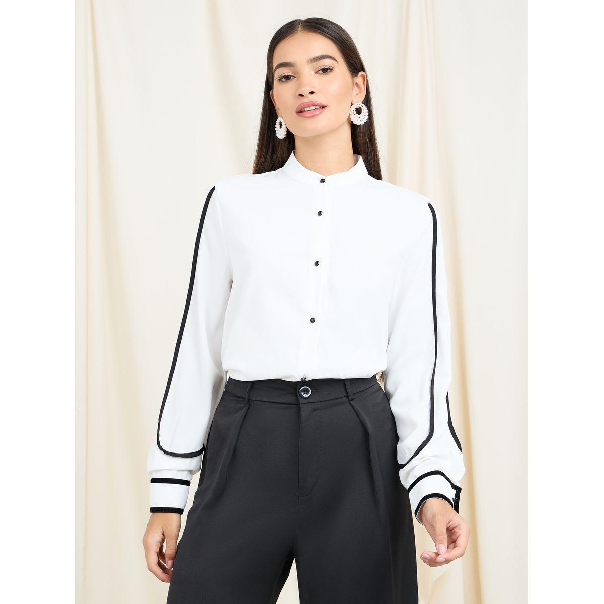 Styli Contrast Piped Detail Mandarin Collar Blouse-women-clothing-shirtsandblouses-blouses-image-1