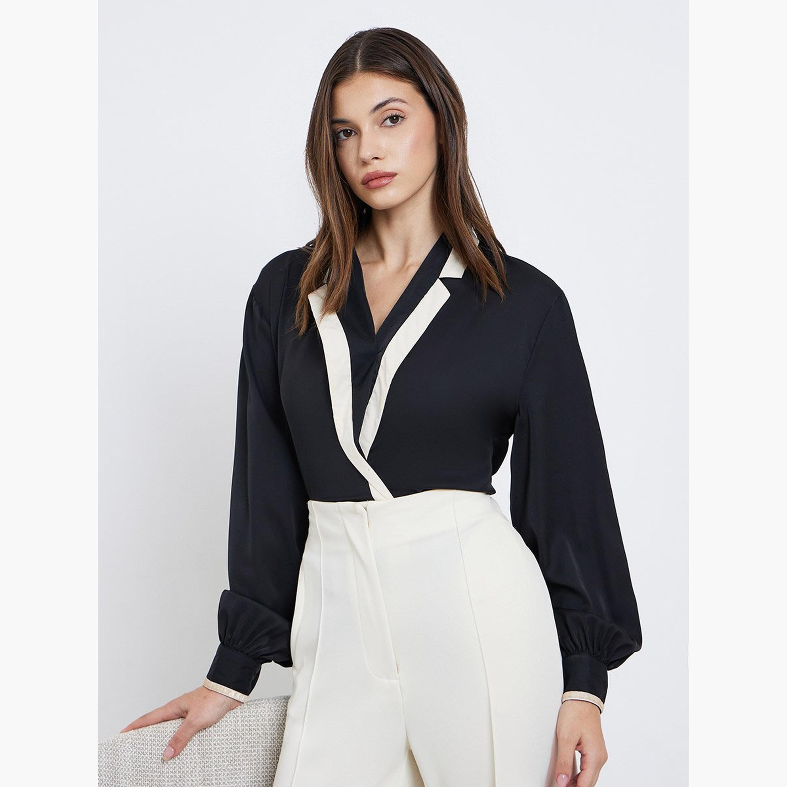 ستايلي - بلوزة ملفوفة بأكمام منفوخة ورقبة متباينة اللون-women-clothing-shirtsandblouses-blouses-image-1