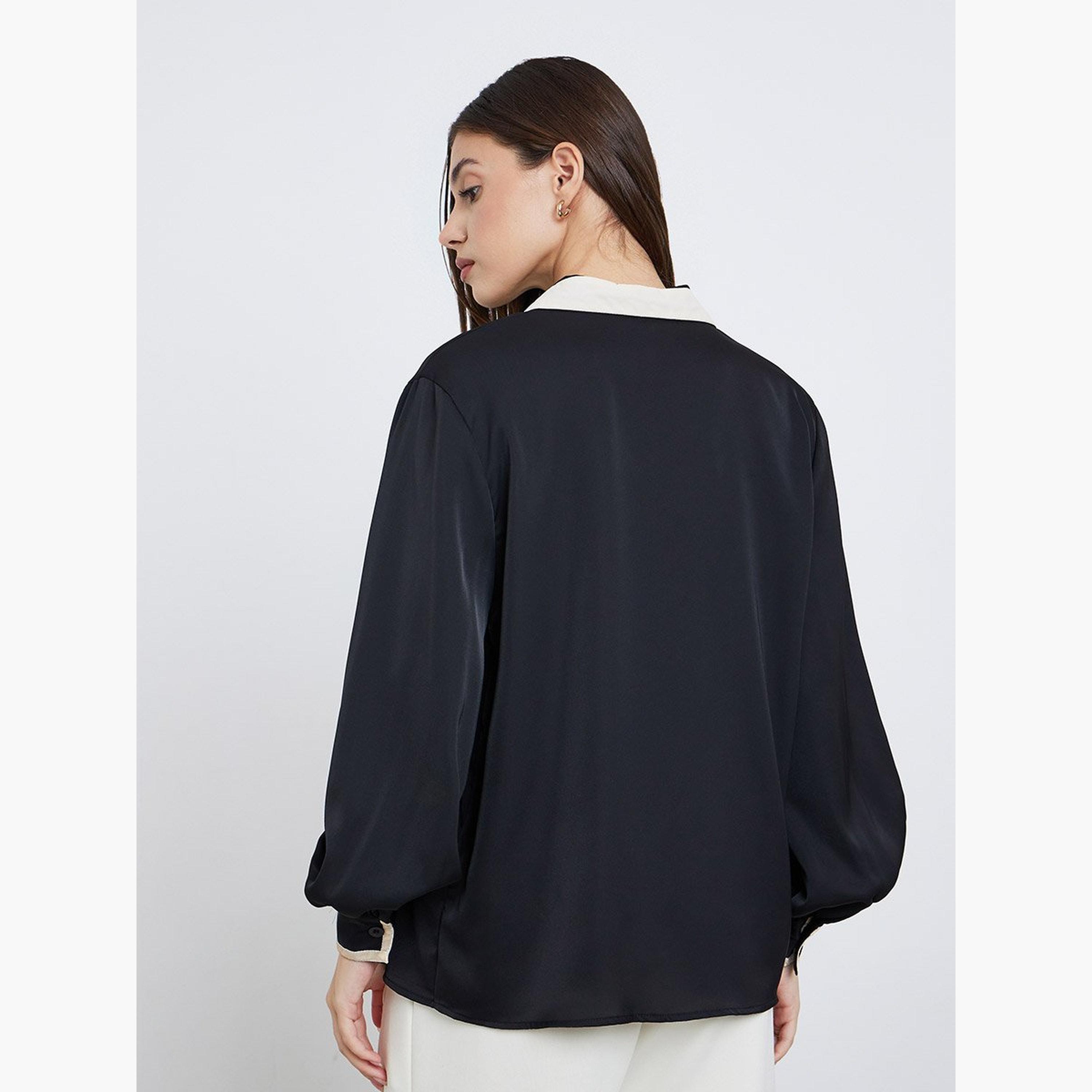 ستايلي - بلوزة ملفوفة بأكمام منفوخة ورقبة متباينة اللون-women-clothing-shirtsandblouses-blouses-image-5