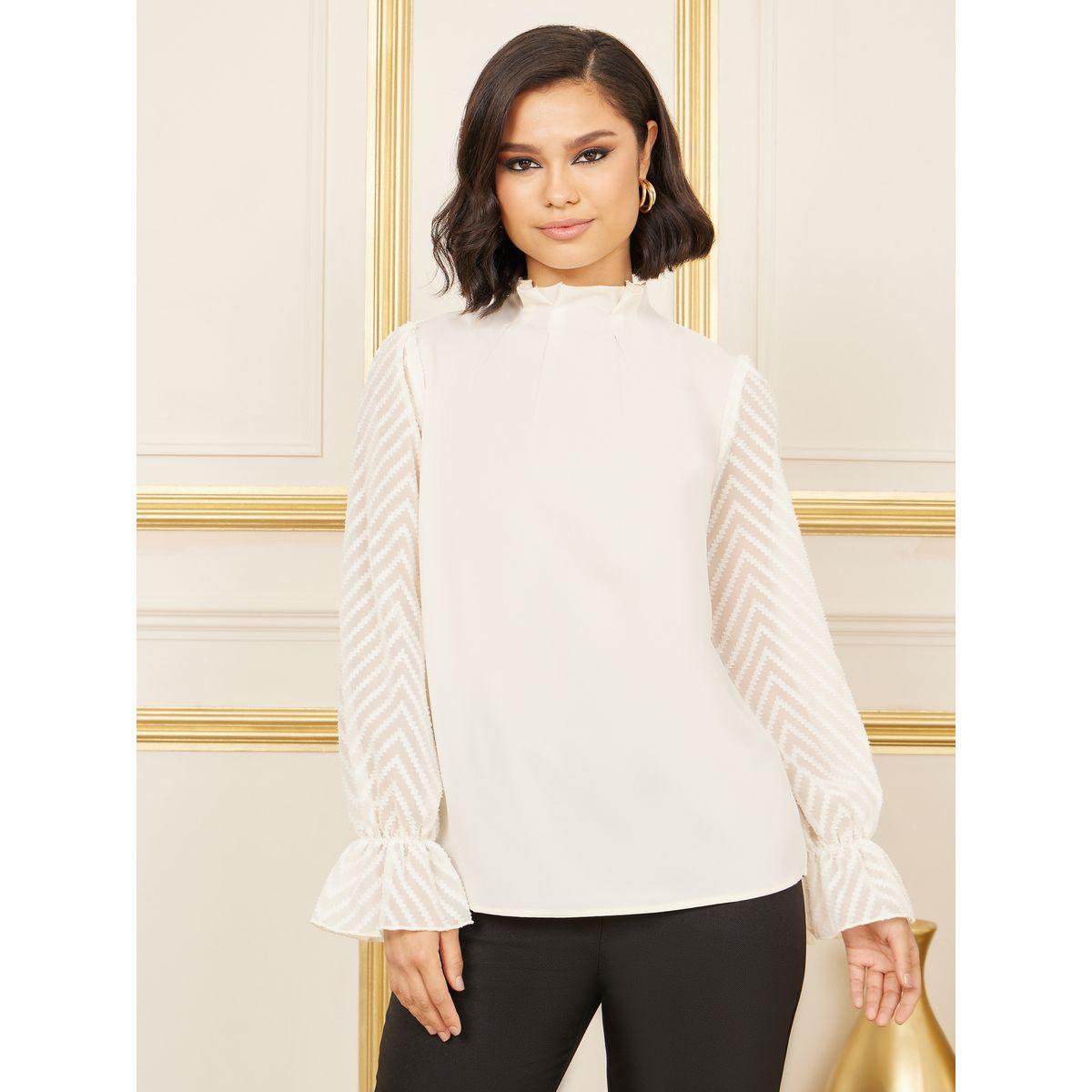 بلوزة بياقة عالية وكسرات مع اكمام طويلة-women-clothing-shirtsandblouses-blouses-image-2