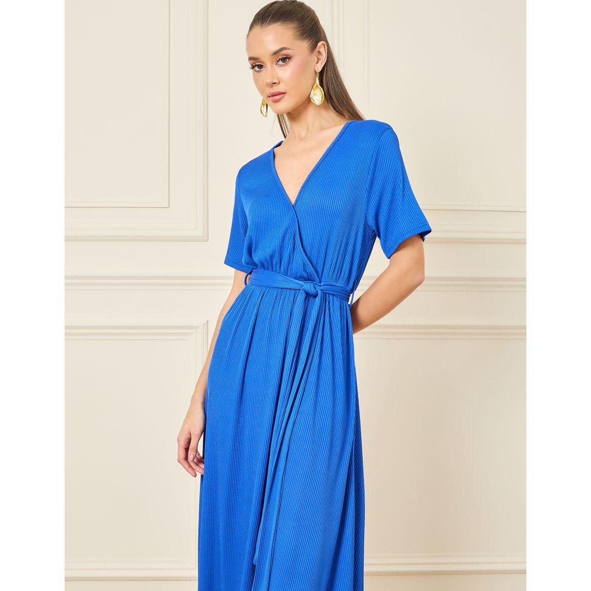 Styli Textured V Neck A-Line Maxi Dress with Waist Tie Up-women-clothing-dresses-image-2