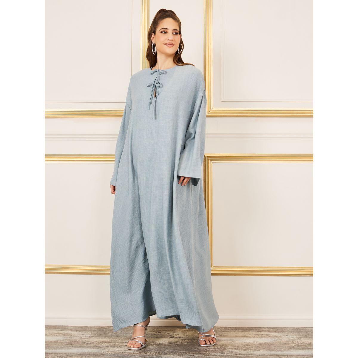 Styli Textured Tie Up Neck Jalabiya-women-arabicclothing-jalabiyas-image-1