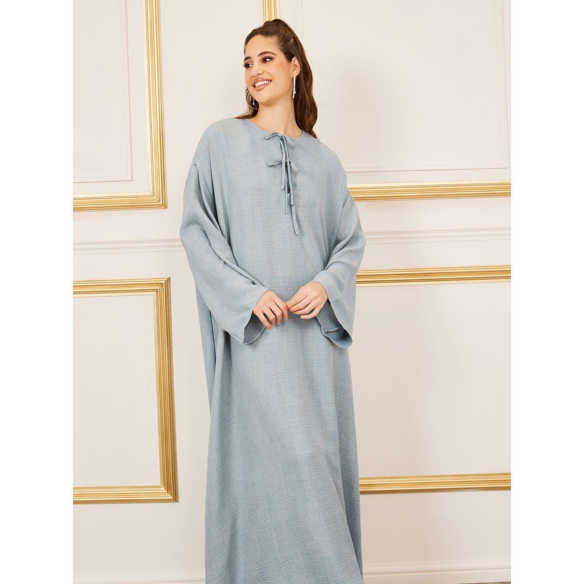 Styli Textured Tie Up Neck Jalabiya-women-arabicclothing-jalabiyas-image-2