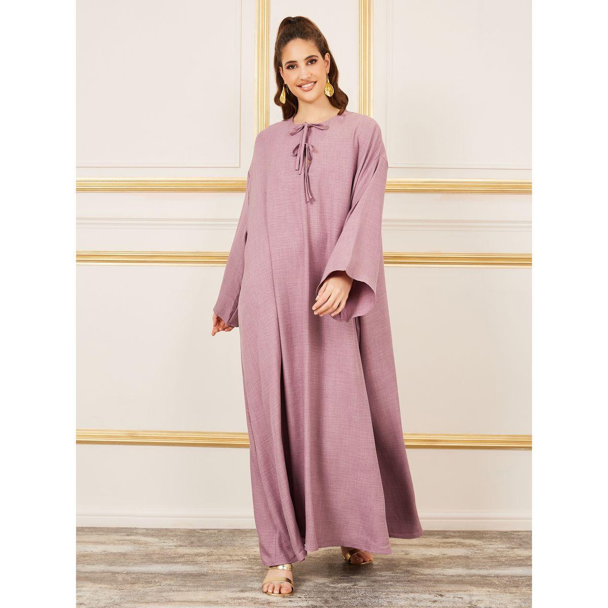 Styli Textured Tie Up Neck Jalabiya-women-arabicclothing-jalabiyas-image-1