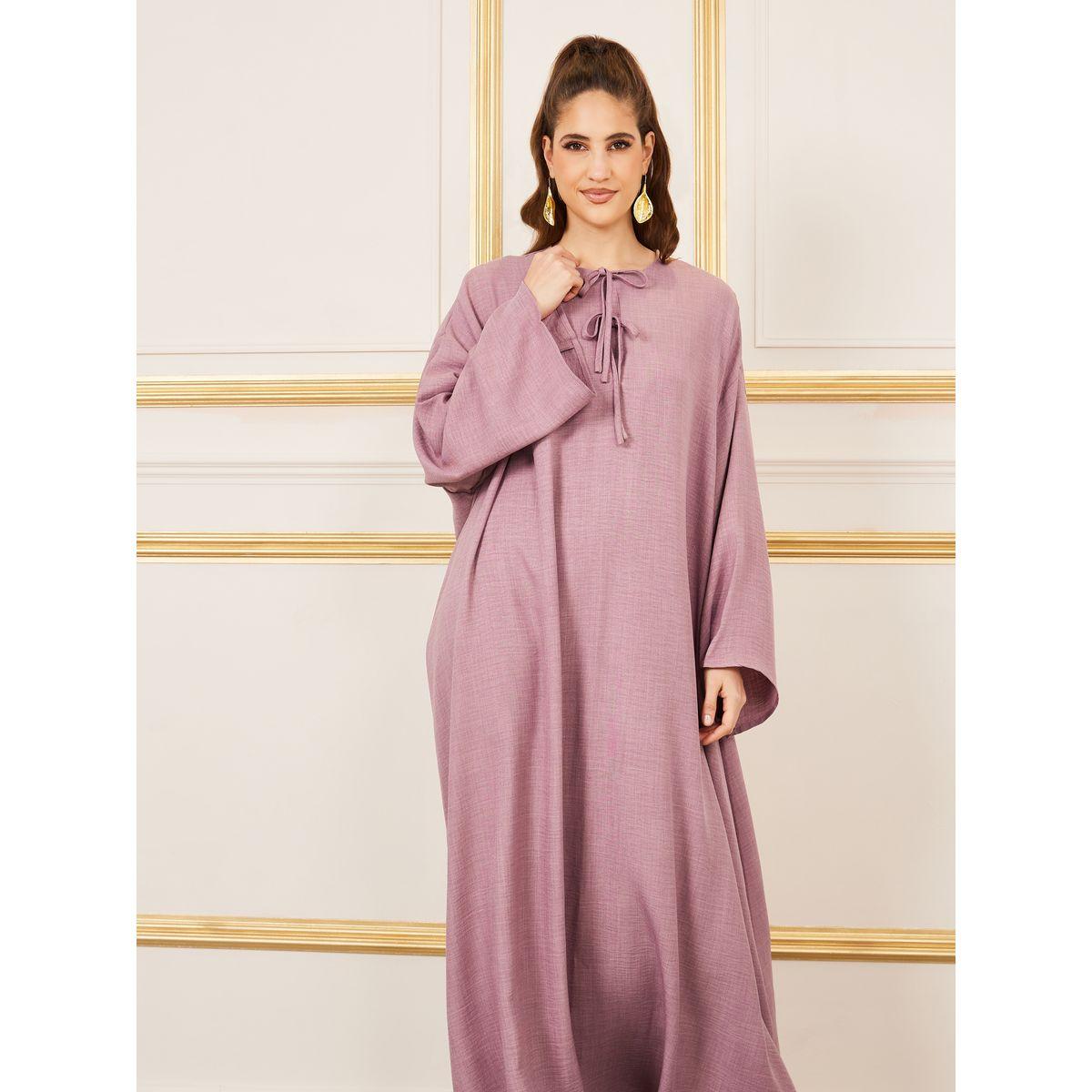 Styli Textured Tie Up Neck Jalabiya-women-arabicclothing-jalabiyas-image-2
