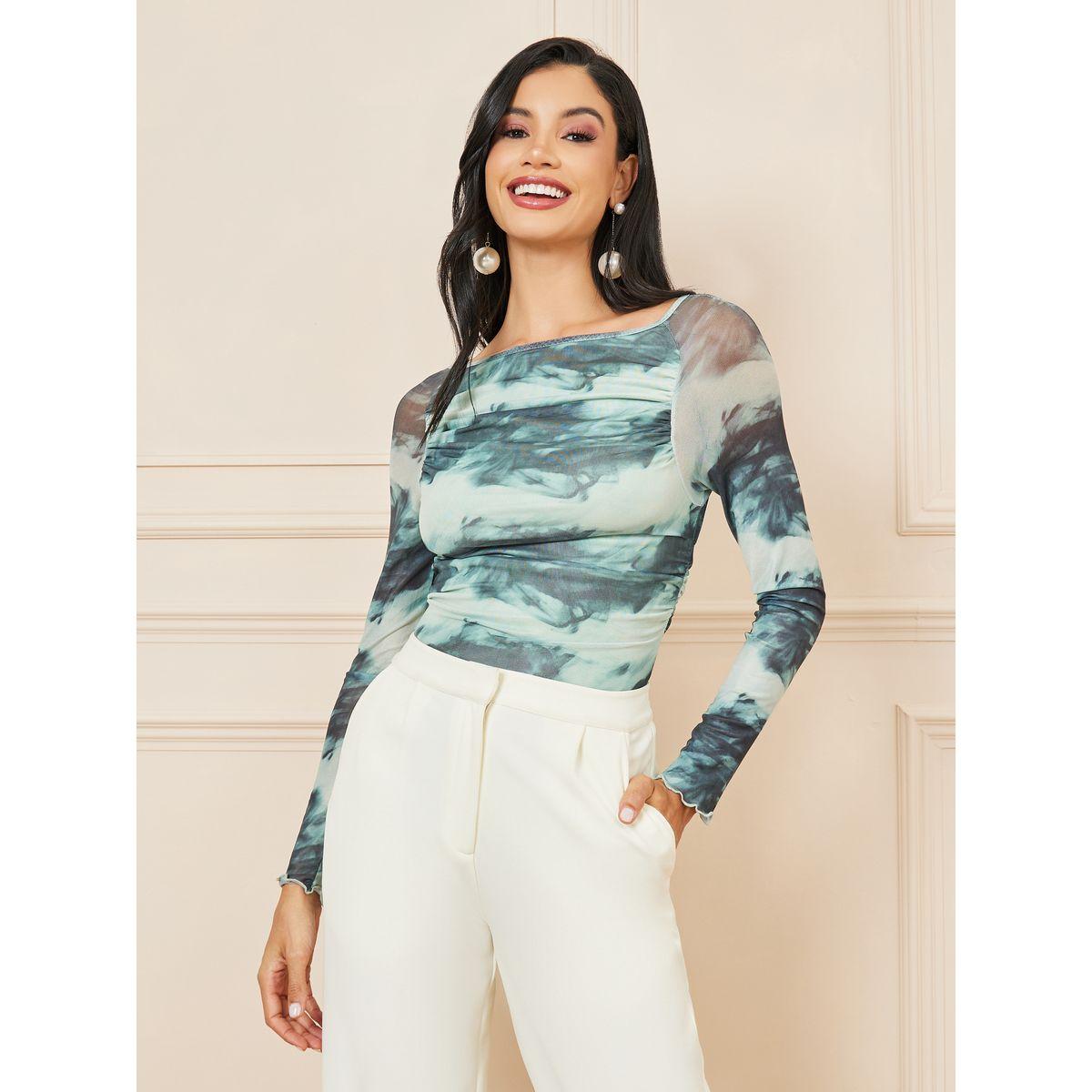 Styli Printed Ruched Detail Long Sleeve Bodysuit-women-clothing-tshirts-image-3