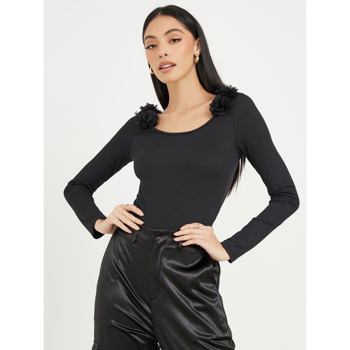 Styli Floral Applique Detail Ribbed Bodysuit-women-clothing-tshirts-image-4