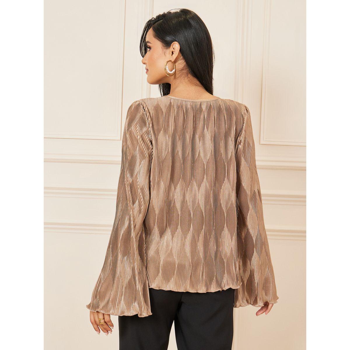 بلوزة بليسيه بأكمام فلوت وقصة عادية-women-clothing-shirtsandblouses-blouses-image-5