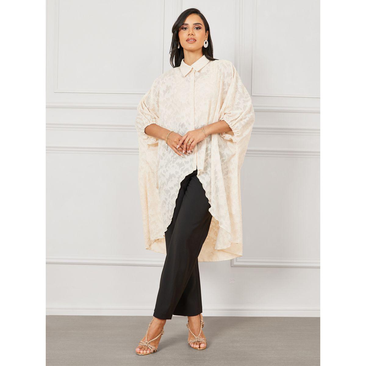 Styli Burnout Texture High Low Hem Longline Shirt-women-clothing-shirtsandblouses-shirts-image-2