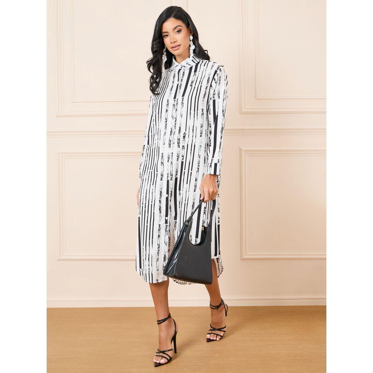 Styli Striped Roll Up Sleeves Longline Shirt-women-clothing-shirtsandblouses-shirts-image-1