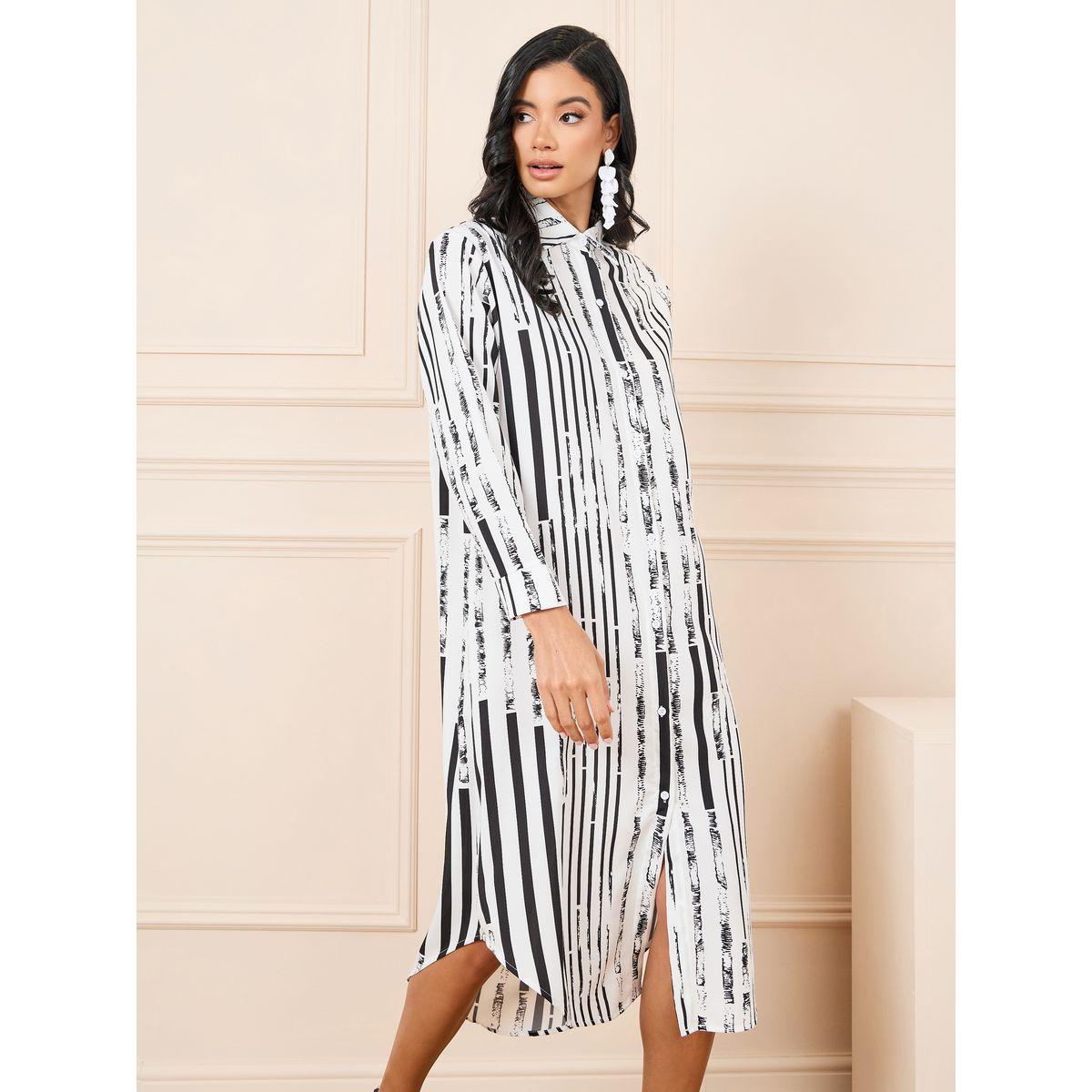Styli Striped Roll Up Sleeves Longline Shirt-women-clothing-shirtsandblouses-shirts-image-2