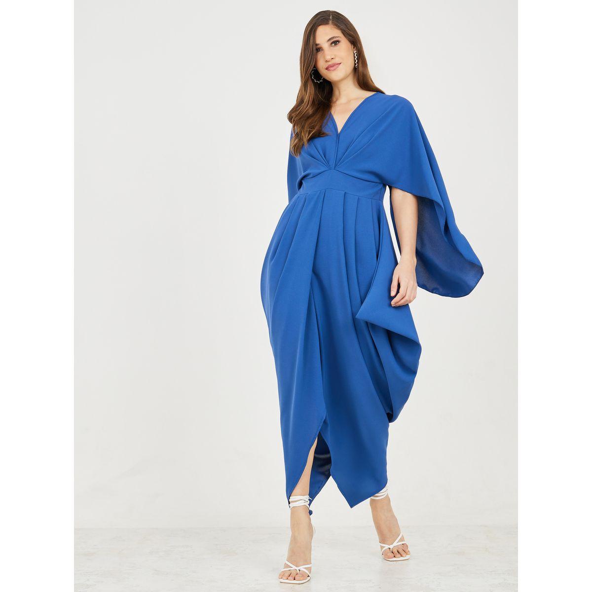 Styli Pleated Asymmetric Hem Cape Sleeves Maxi Dress-women-clothing-dresses-image-1