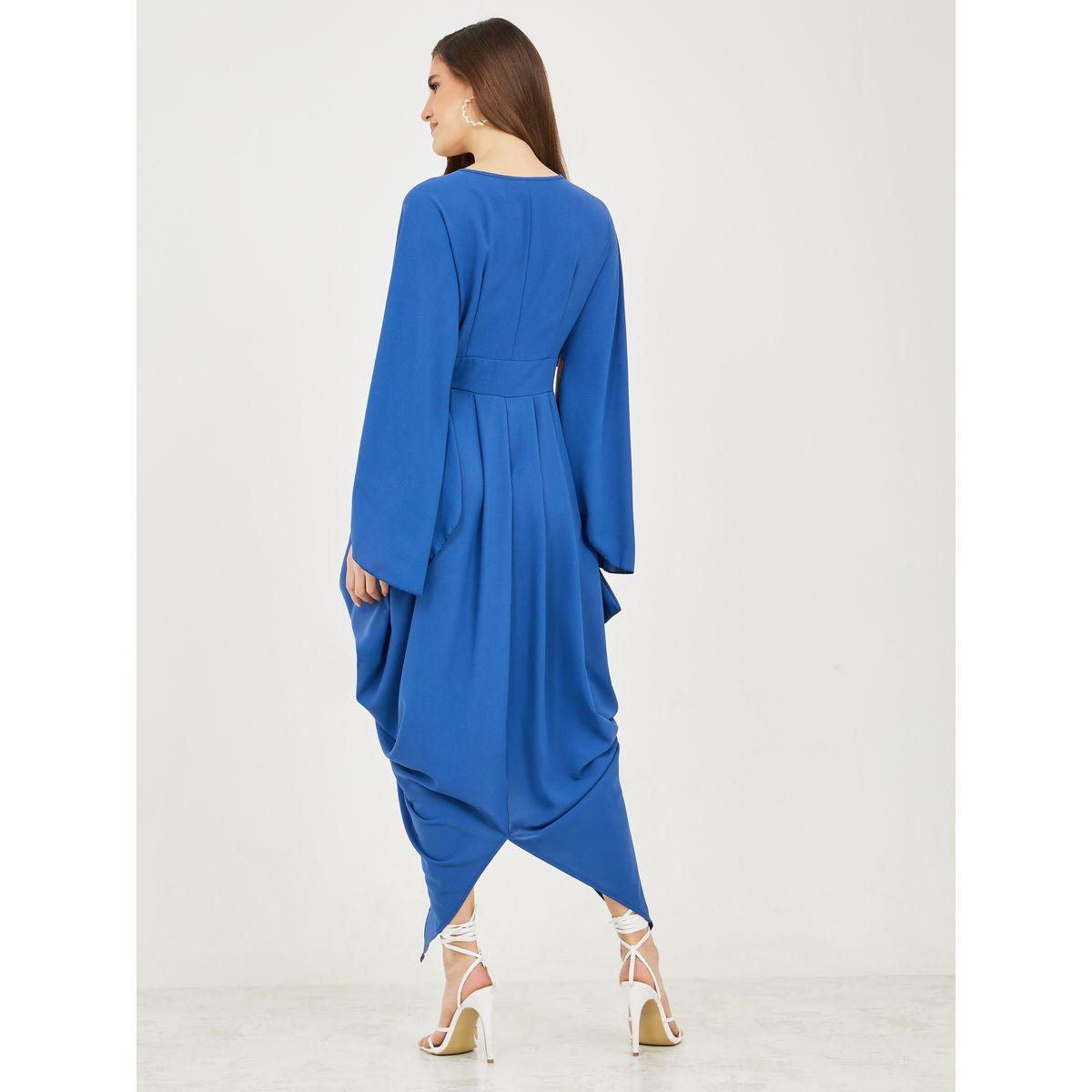 Styli Pleated Asymmetric Hem Cape Sleeves Maxi Dress-women-clothing-dresses-image-4
