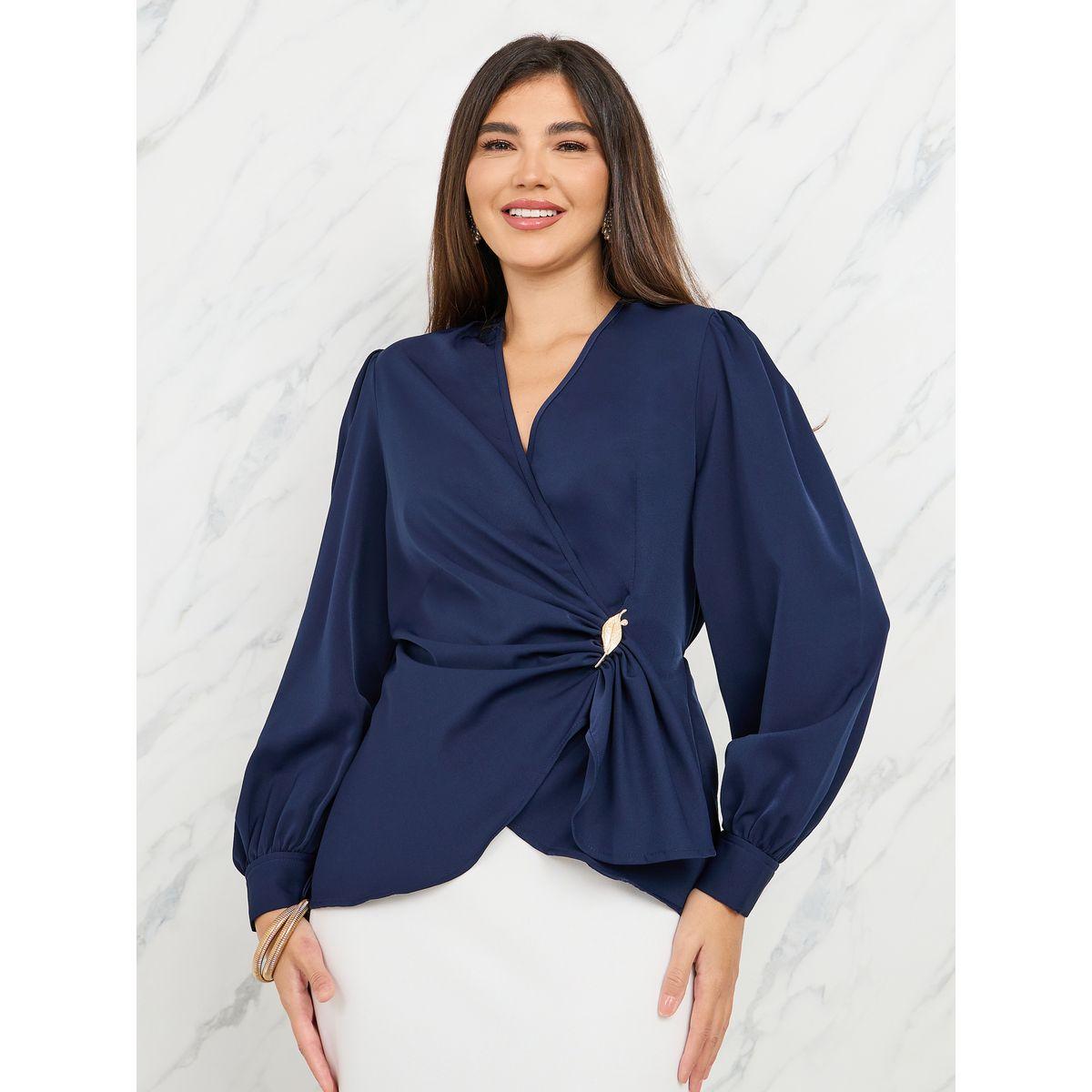 Styli Solid Regular Fit Metal Buckle Wrap Top-women-clothing-shirtsandblouses-blouses-image-1