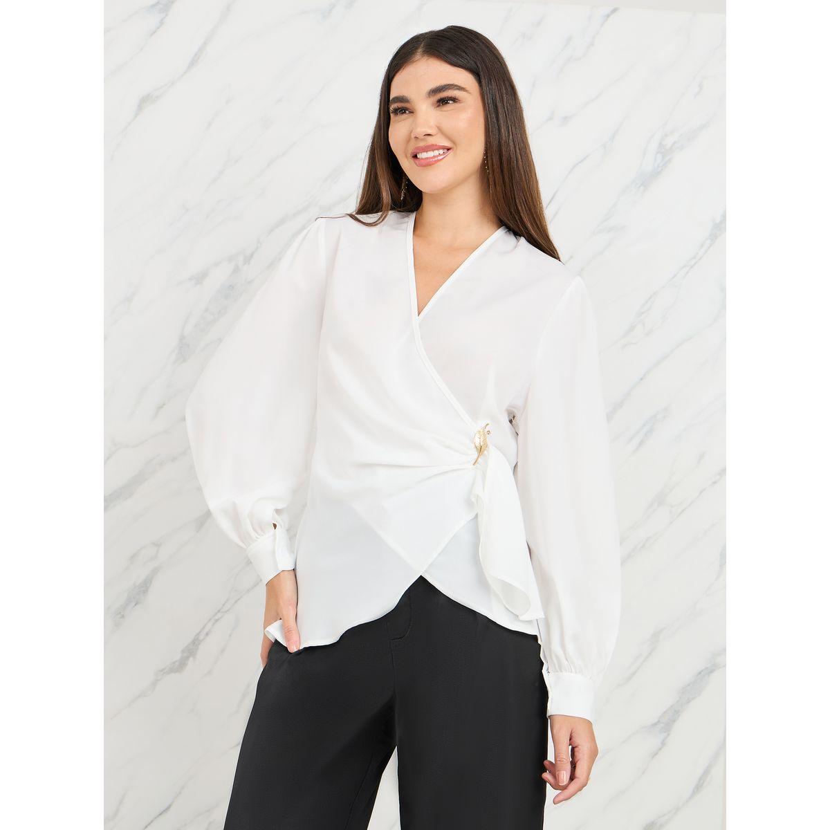 Styli Solid Regular Fit Metal Buckle Wrap Top-women-clothing-shirtsandblouses-blouses-image-1