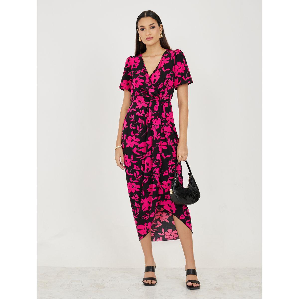 Styli Floral Print Pleated Detail Wrap Sheath Midi Dress-women-clothing-dresses-image-1