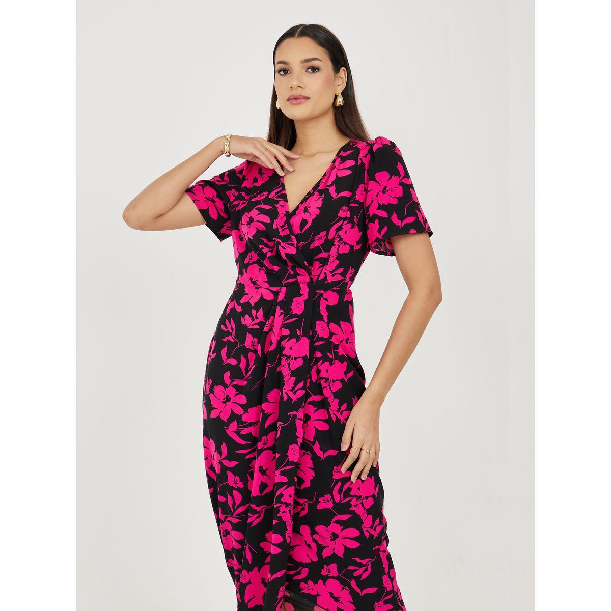 Styli Floral Print Pleated Detail Wrap Sheath Midi Dress-women-clothing-dresses-image-2