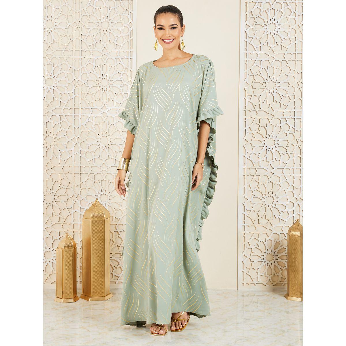 Styli Foil Print Ruffle Trim Detail Kaftan-women-arabicclothing-kaftan-image-1