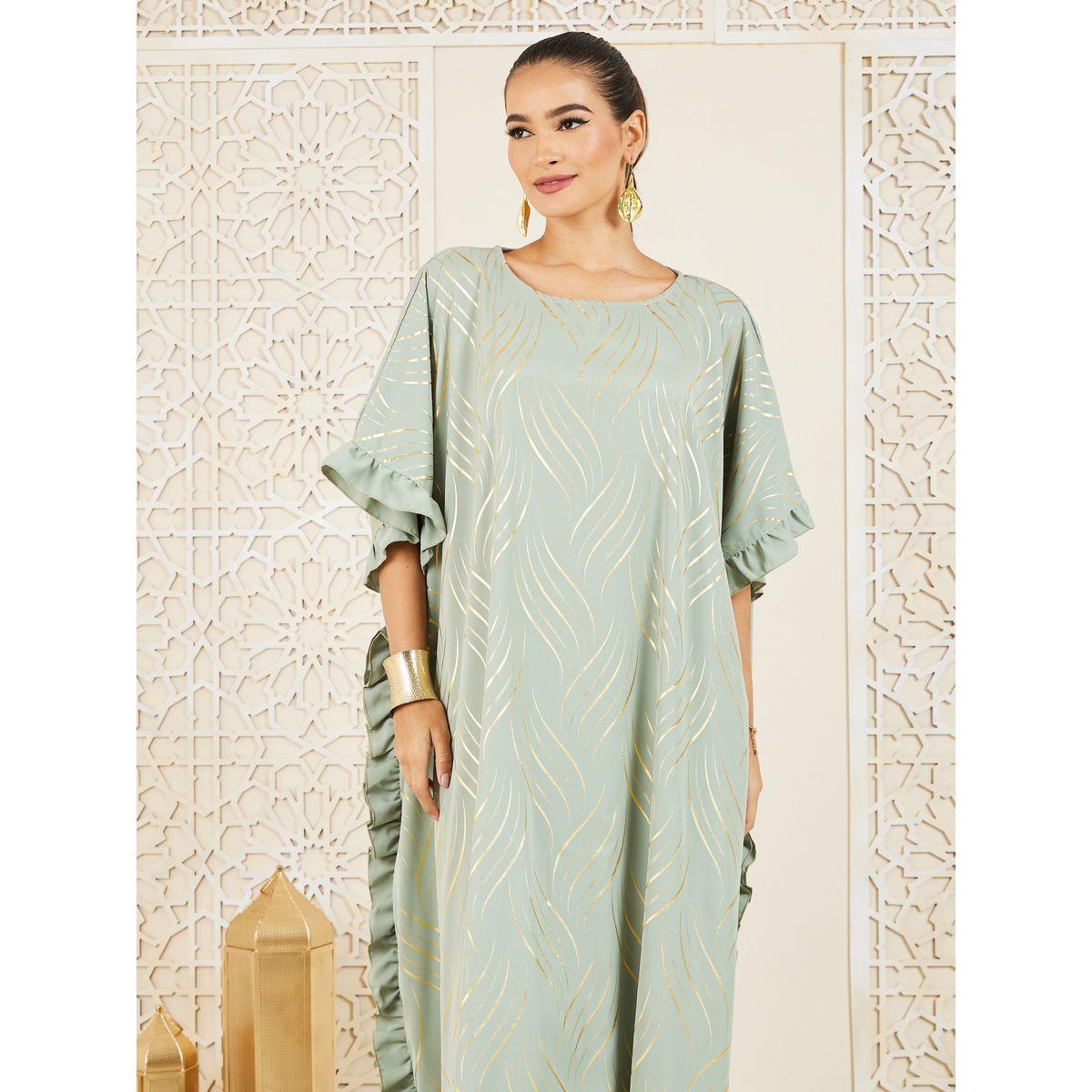 Styli Foil Print Ruffle Trim Detail Kaftan-women-arabicclothing-kaftan-image-2
