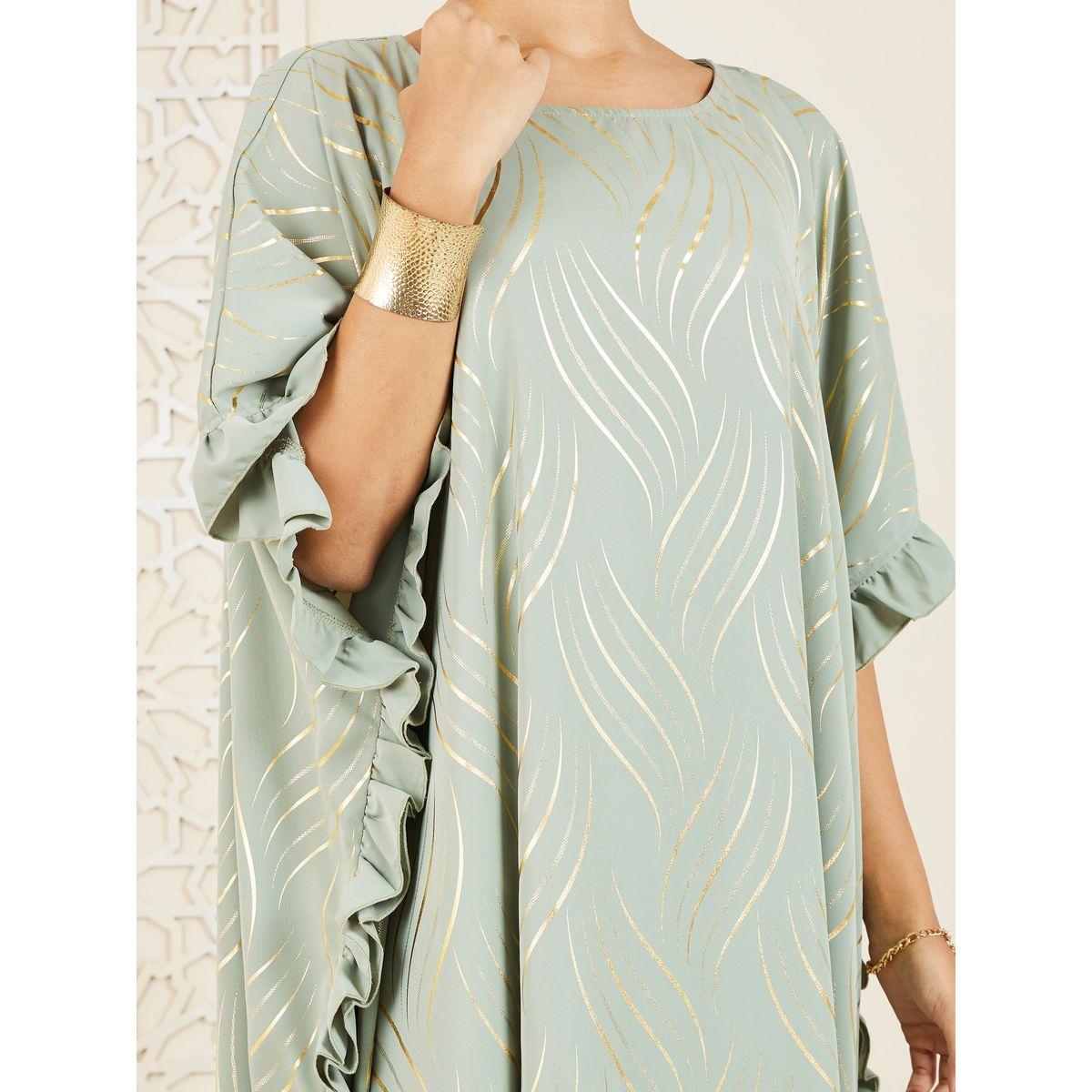 Styli Foil Print Ruffle Trim Detail Kaftan-women-arabicclothing-kaftan-image-3