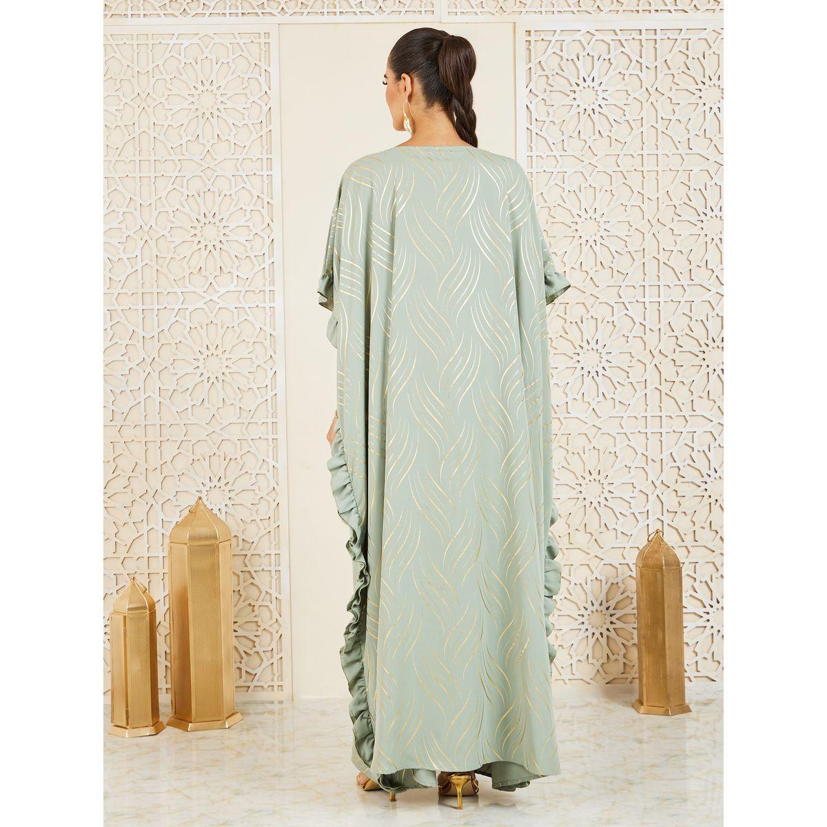 Styli Foil Print Ruffle Trim Detail Kaftan-women-arabicclothing-kaftan-image-4