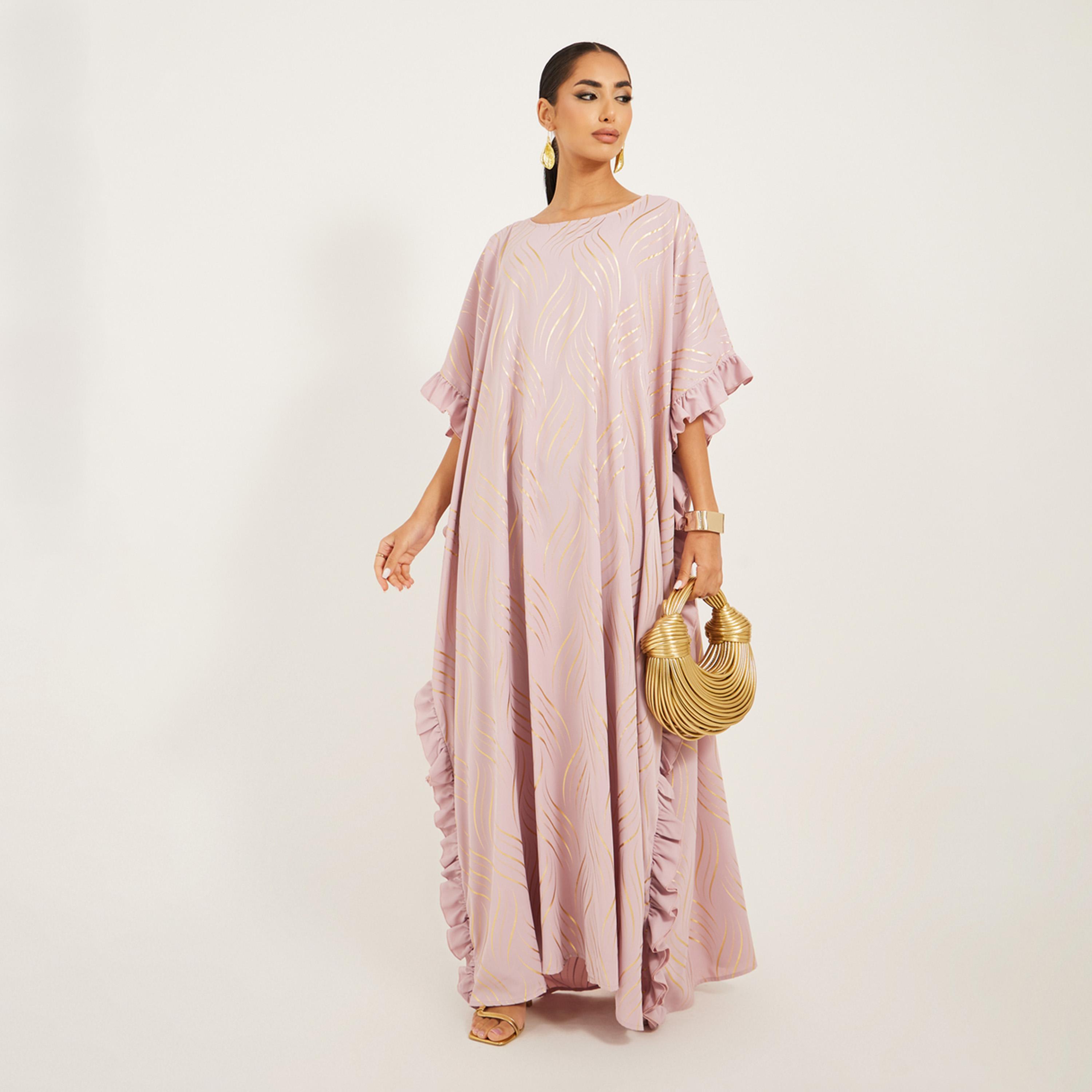 ستايلي - قفطان بطبعة ذهبية مع تفاصيل كشكشة-women-arabicclothing-kaftan-image-1