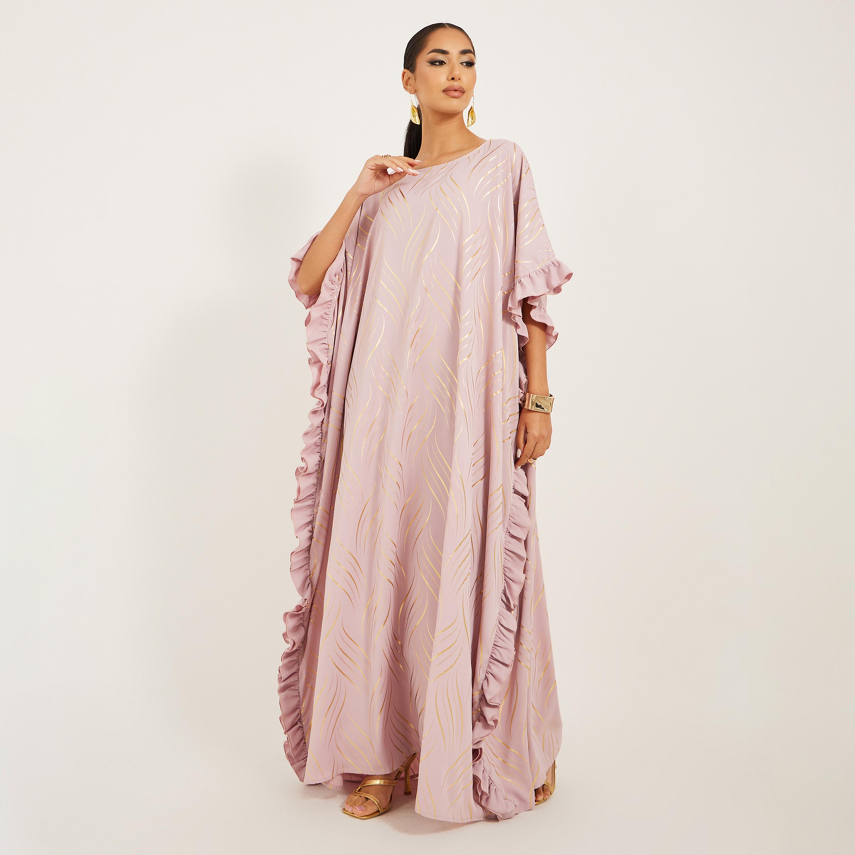 ستايلي - قفطان بطبعة ذهبية مع تفاصيل كشكشة-women-arabicclothing-kaftan-image-2