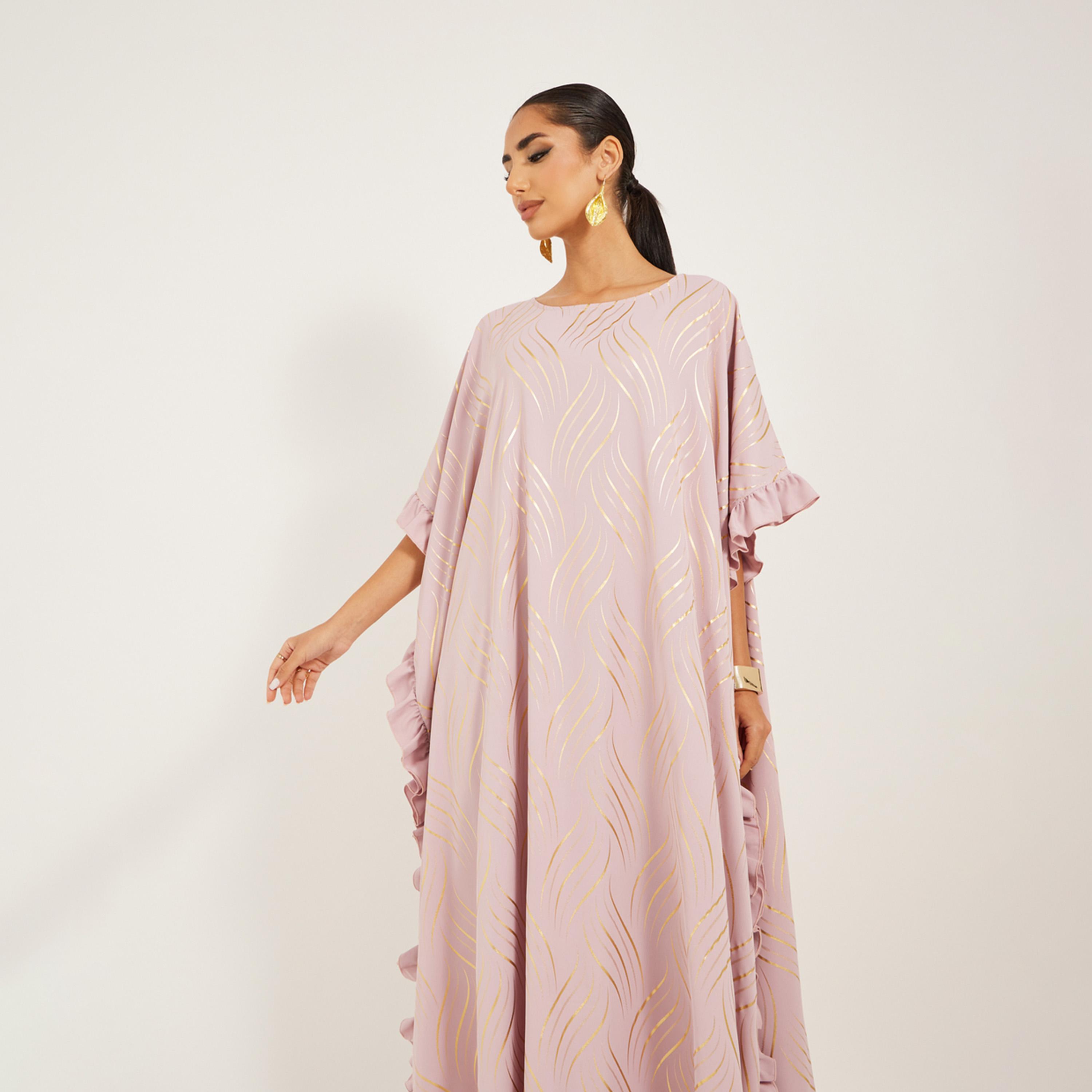 ستايلي - قفطان بطبعة ذهبية مع تفاصيل كشكشة-women-arabicclothing-kaftan-image-3