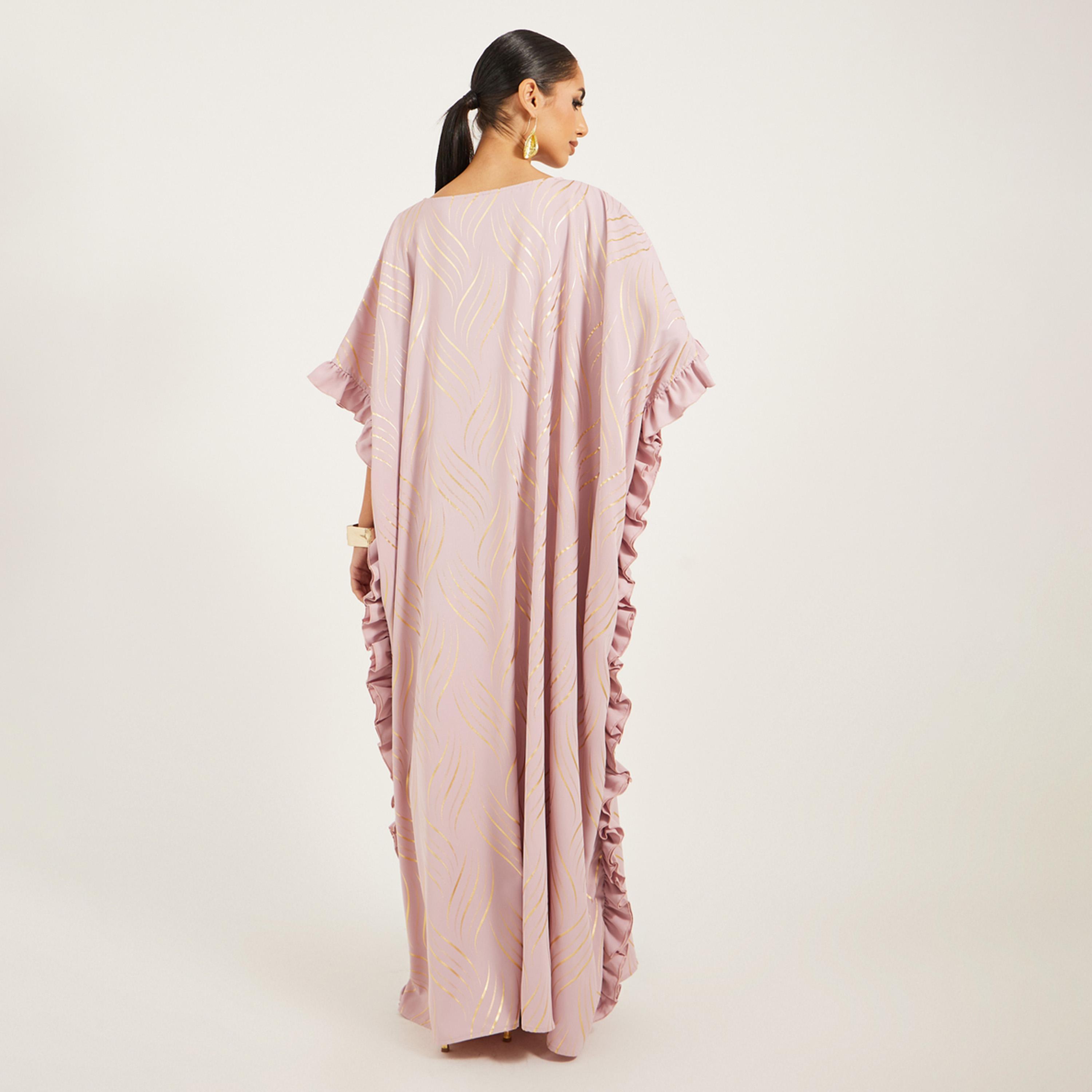 ستايلي - قفطان بطبعة ذهبية مع تفاصيل كشكشة-women-arabicclothing-kaftan-image-5