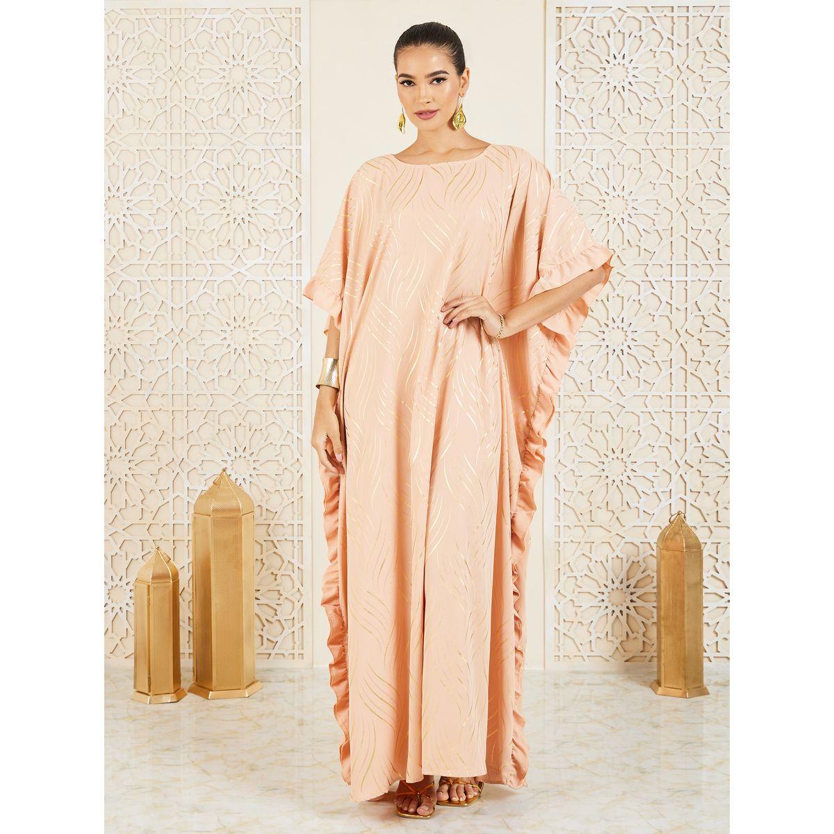 Styli Foil Print Ruffle Trim Detail Kaftan-women-arabicclothing-kaftan-image-1