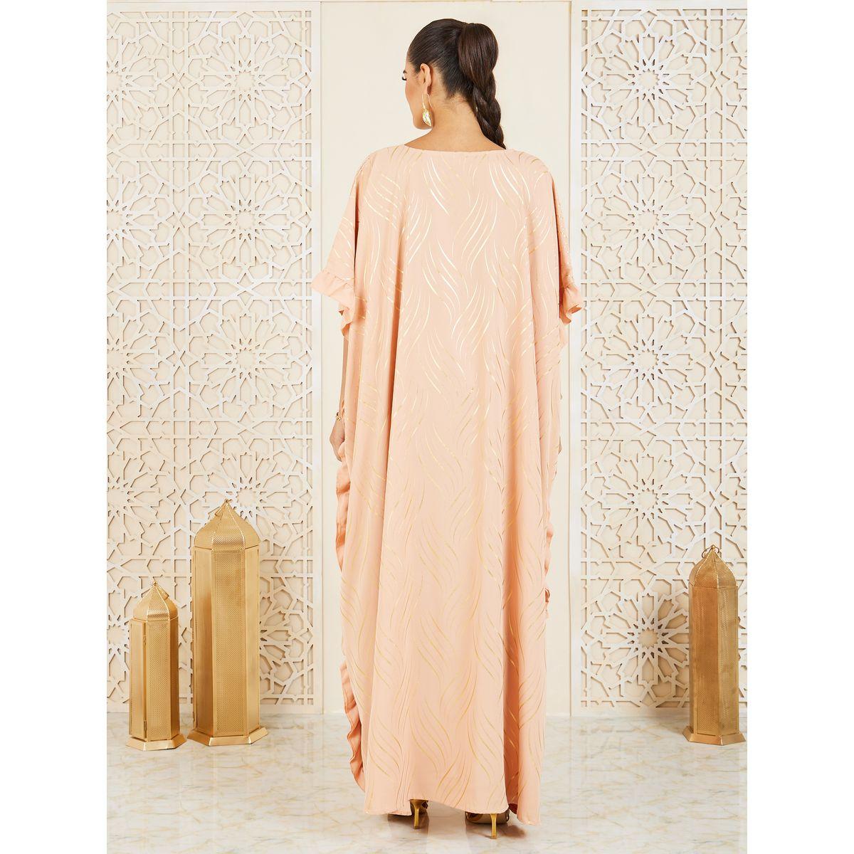 Styli Foil Print Ruffle Trim Detail Kaftan-women-arabicclothing-kaftan-image-4