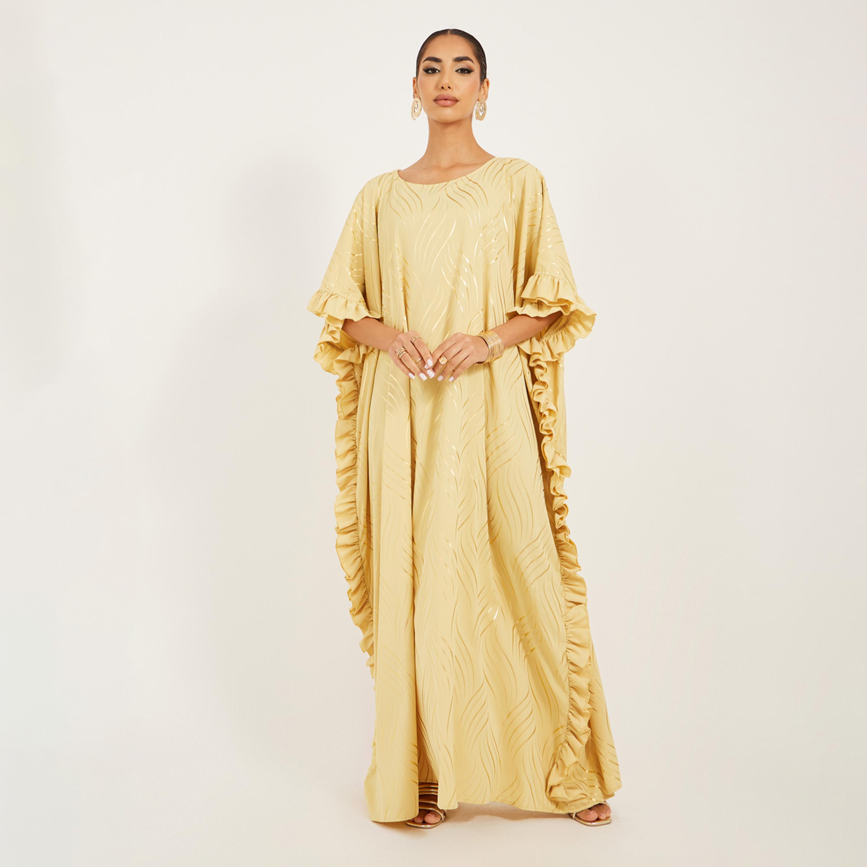 أميرة x ستايلي قفطان مطبع بياقة دائرية بتفاصيل كشكش-women-arabicclothing-kaftan-image-1