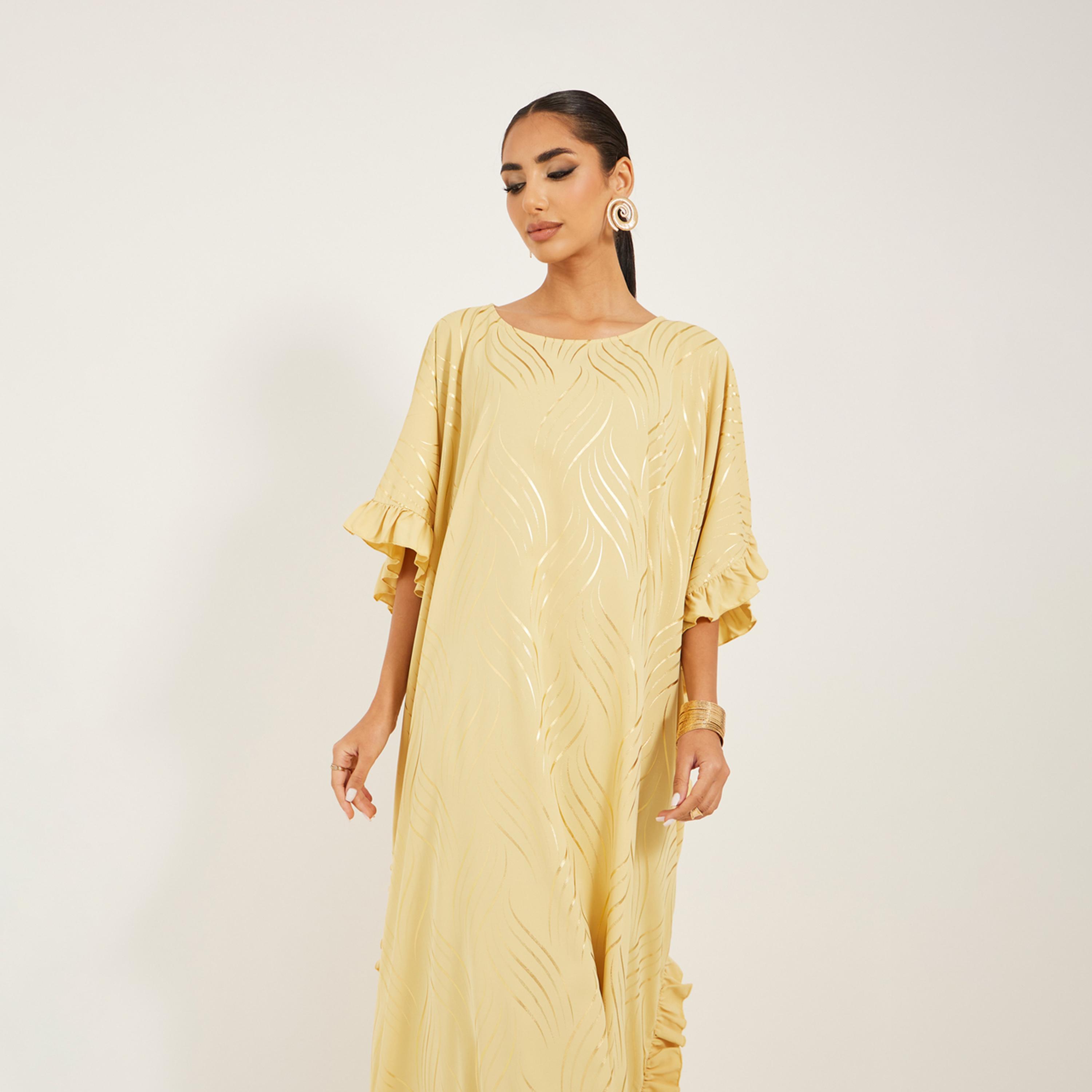 أميرة x ستايلي قفطان مطبع بياقة دائرية بتفاصيل كشكش-women-arabicclothing-kaftan-image-2