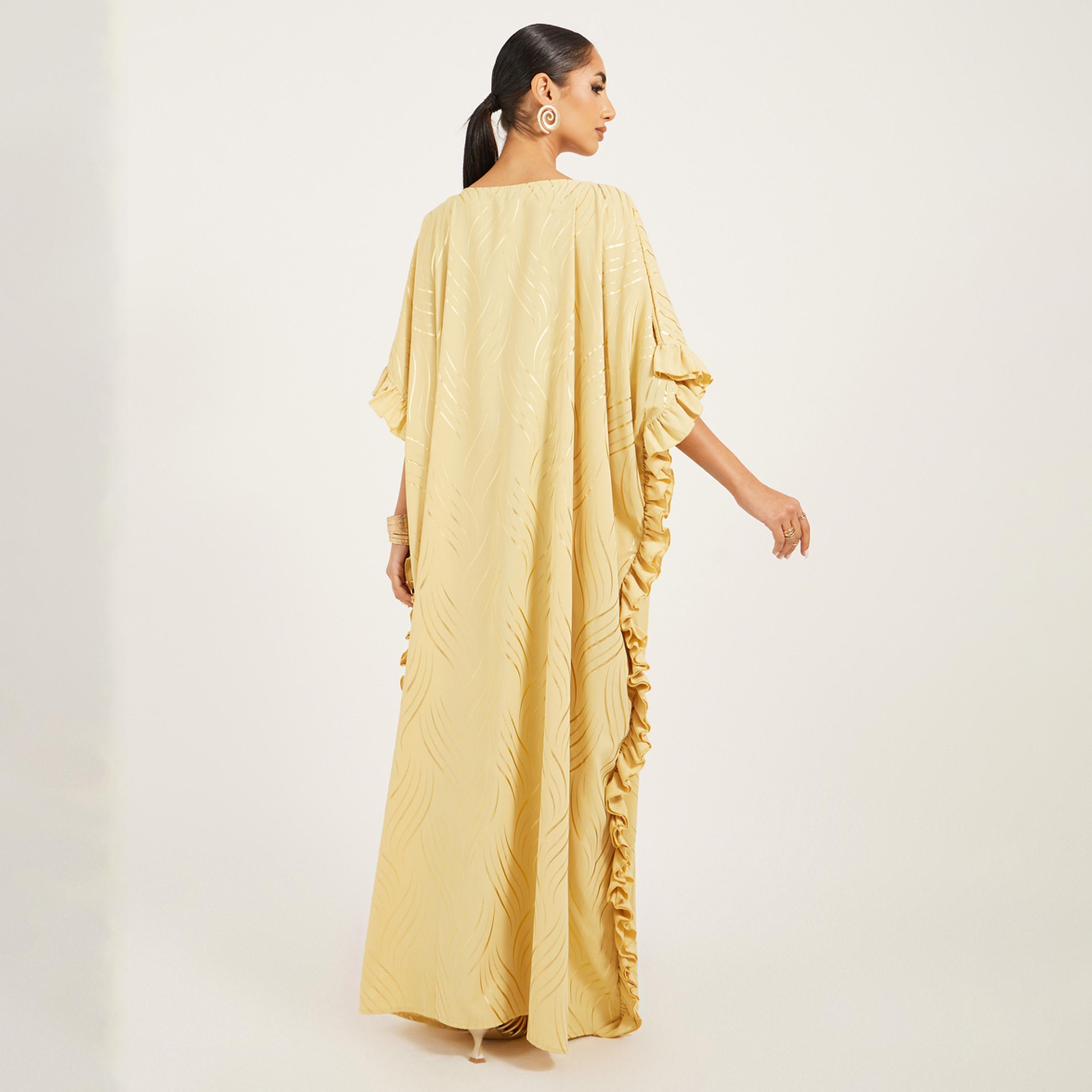 أميرة x ستايلي قفطان مطبع بياقة دائرية بتفاصيل كشكش-women-arabicclothing-kaftan-image-4