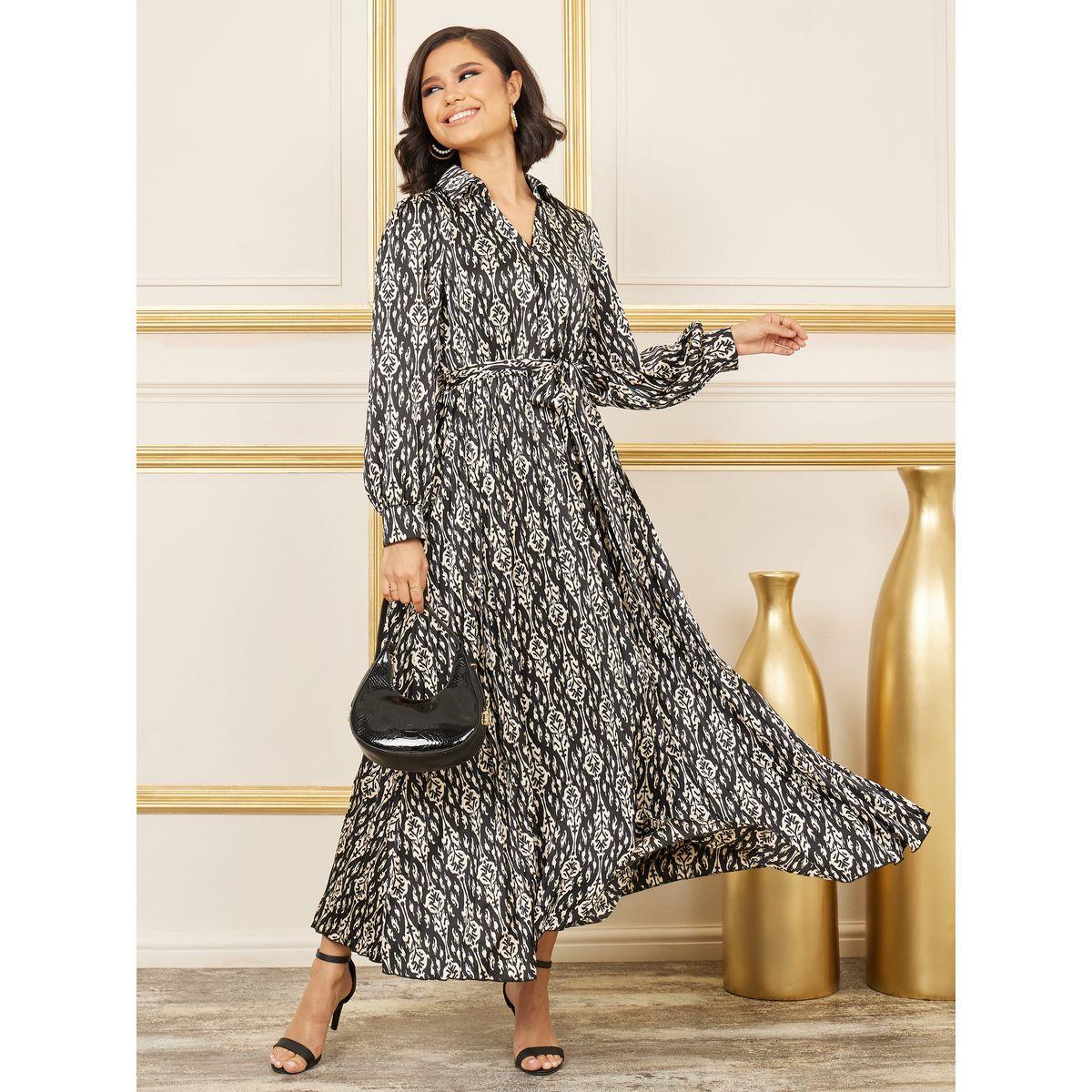 Styli Satin Bohemian Print Collared A-Line Maxi Dress-women-clothing-dresses-image-1